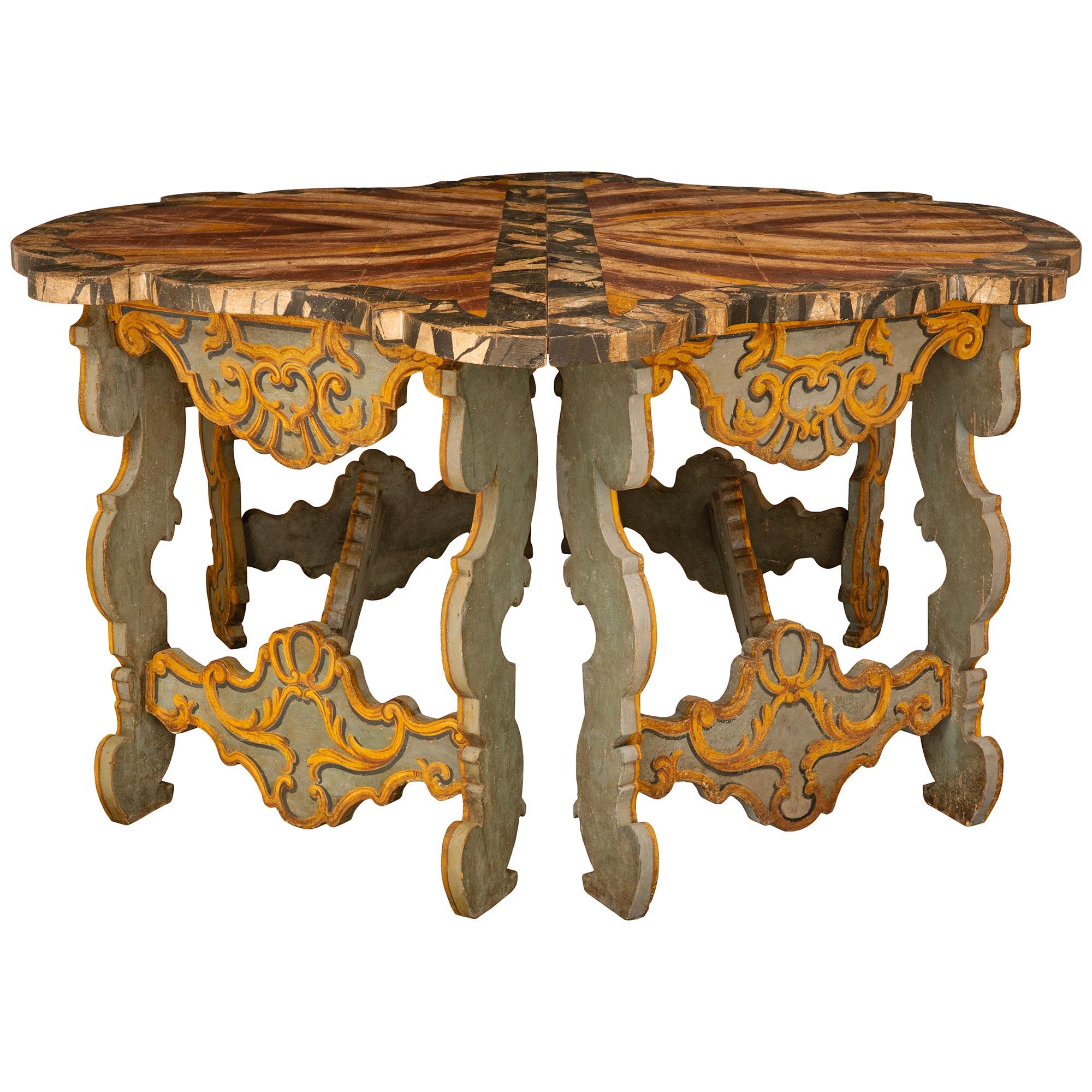 Gilt Pair Of Italian Baroque Period Patinated Wood Consoles/Center Table For Sale
