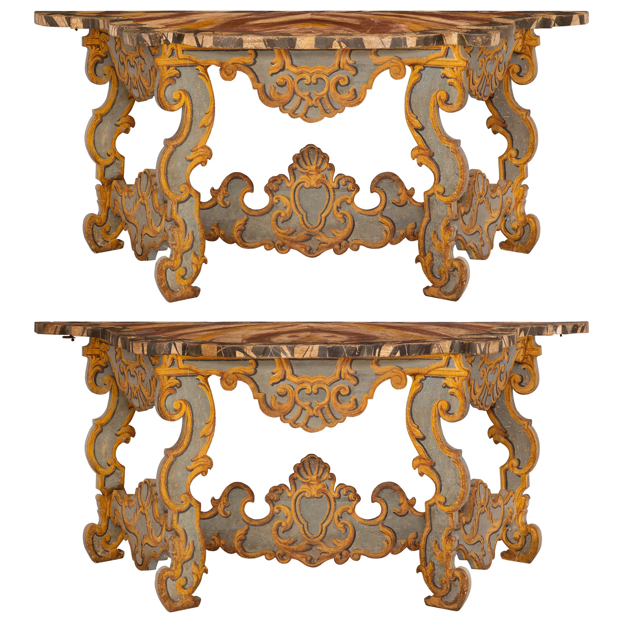 Pair Of Italian Baroque Period Patinated Wood Consoles/Center Table For Sale