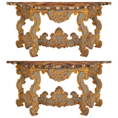 Pair Of Italian Baroque Period Patinated Wood Consoles/Center Table