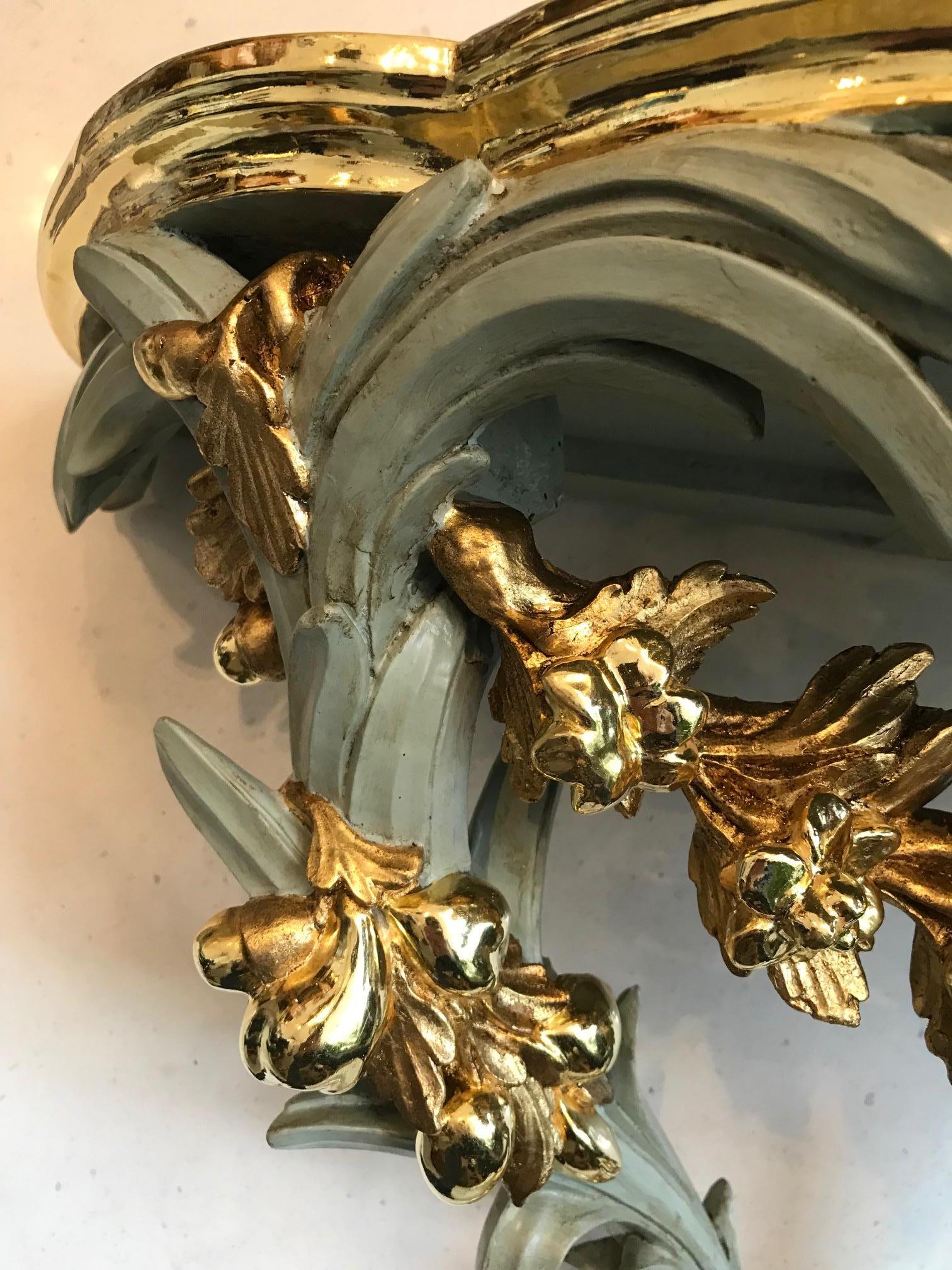 Carved Pair of Italian Baroque Polychrome and Partly Gilded Wall Console For Sale