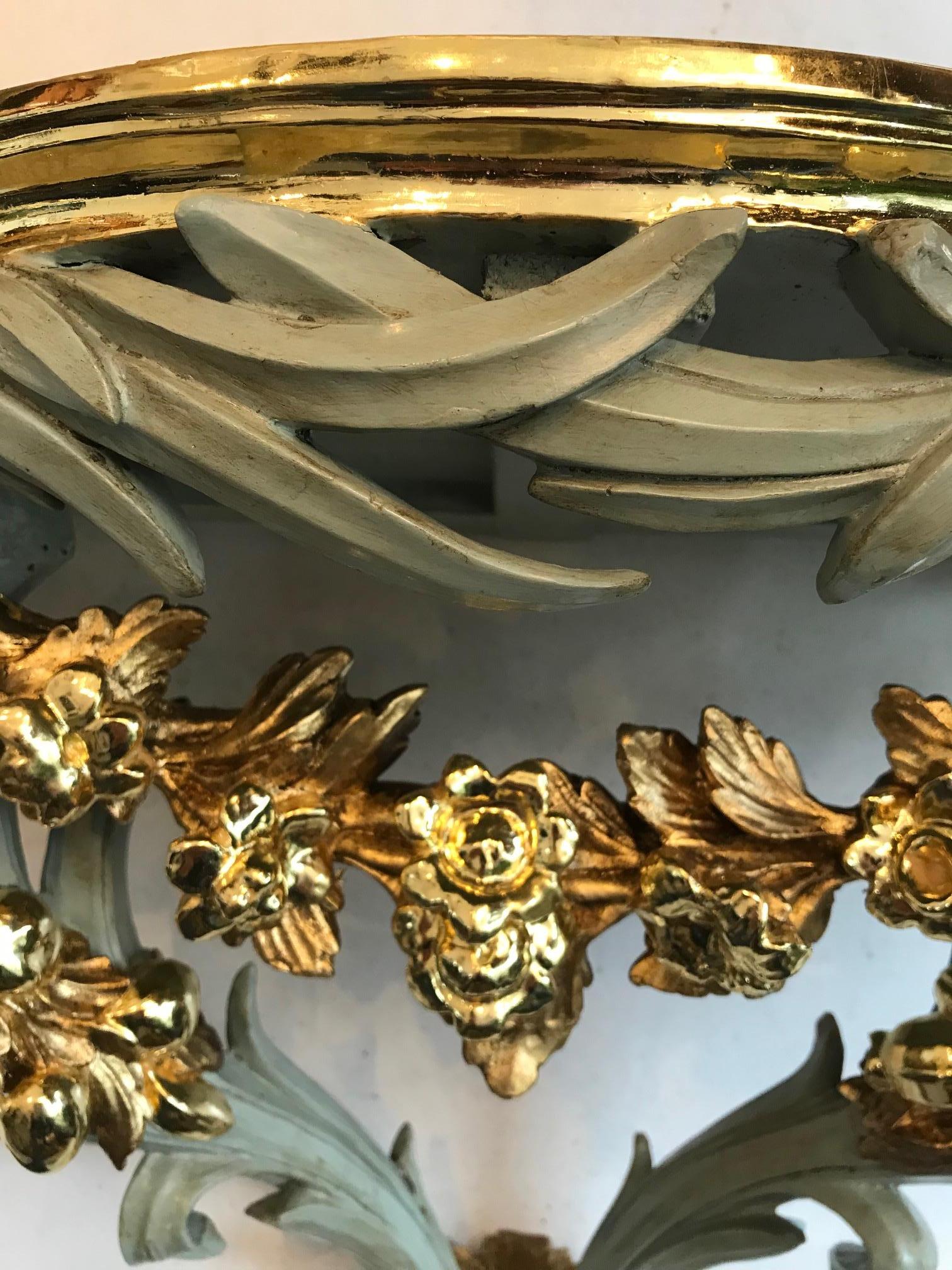 Pair of Italian Baroque Polychrome and Partly Gilded Wall Console (Italienisch) im Angebot