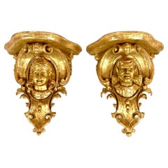 Pair Of Italian Baroque Revival Gilt Wood Wall Brackets