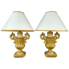 Vintage Pair of Italian Baroque Revival Giltwood Urn and Faux Candle Table Lamps, 1930s