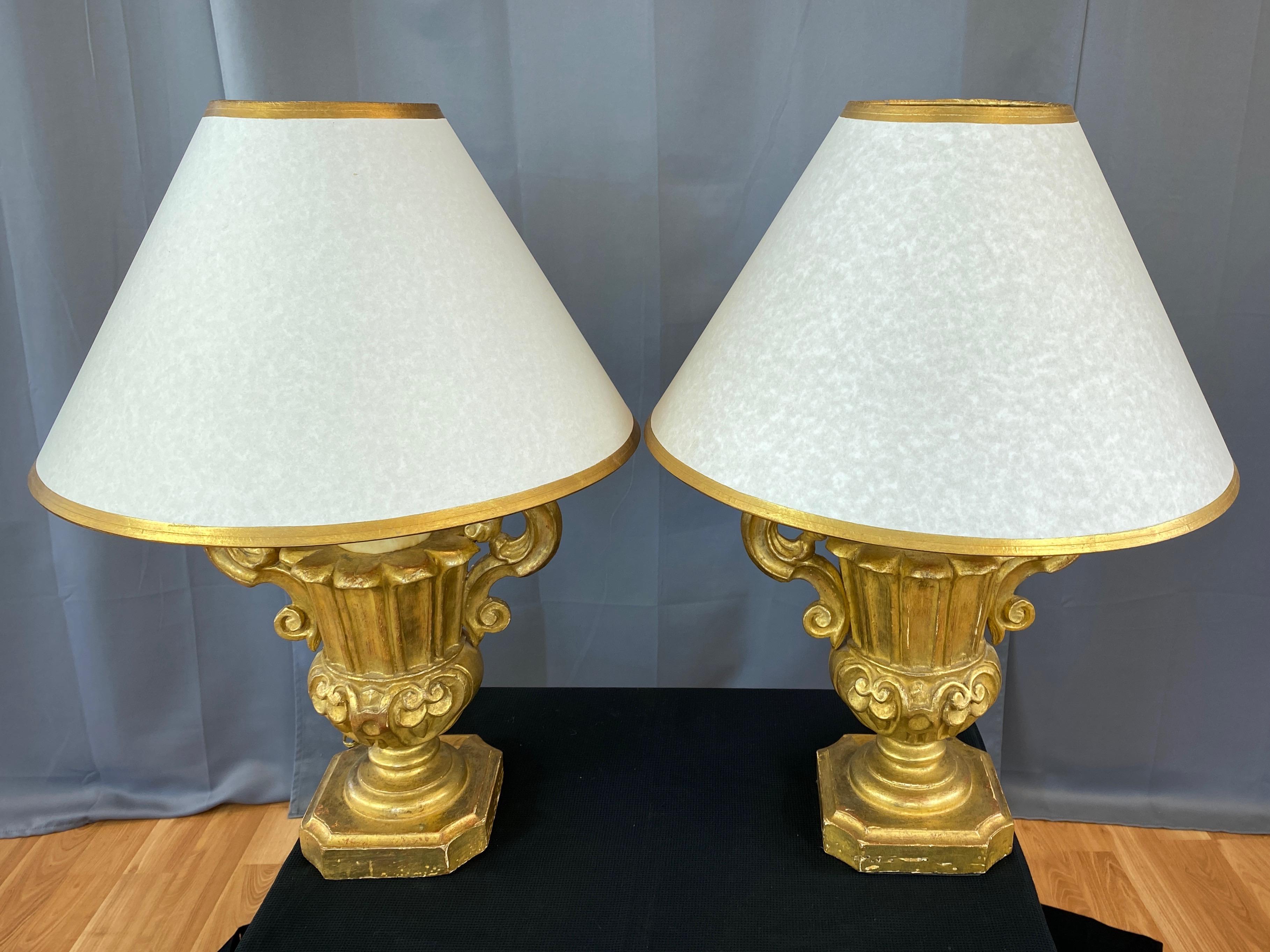 Pair of Italian Baroque Revival Giltwood Urn and Faux Candle Table Lamps, 1930s For Sale 3