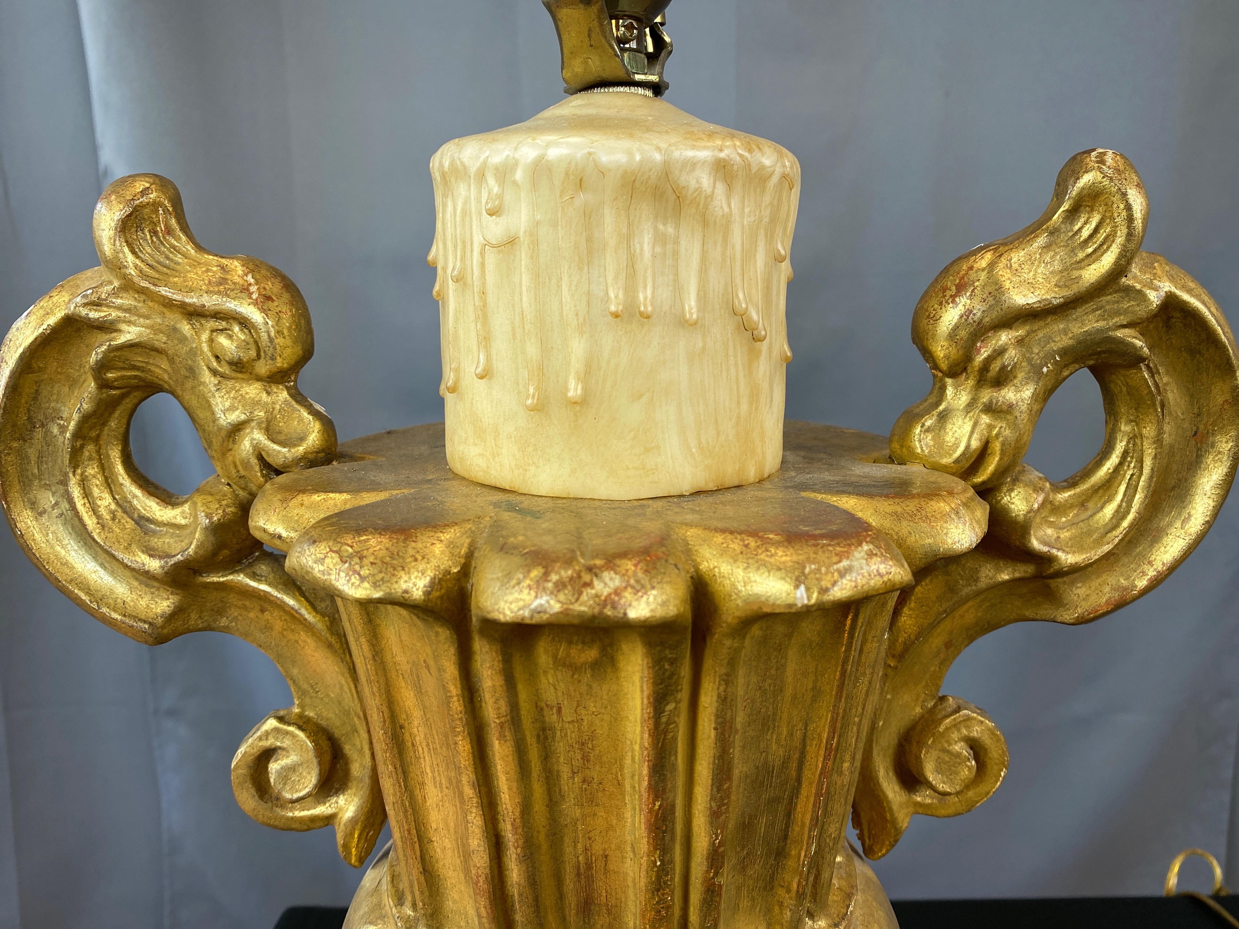 Pair of Italian Baroque Revival Giltwood Urn and Faux Candle Table Lamps, 1930s For Sale 5