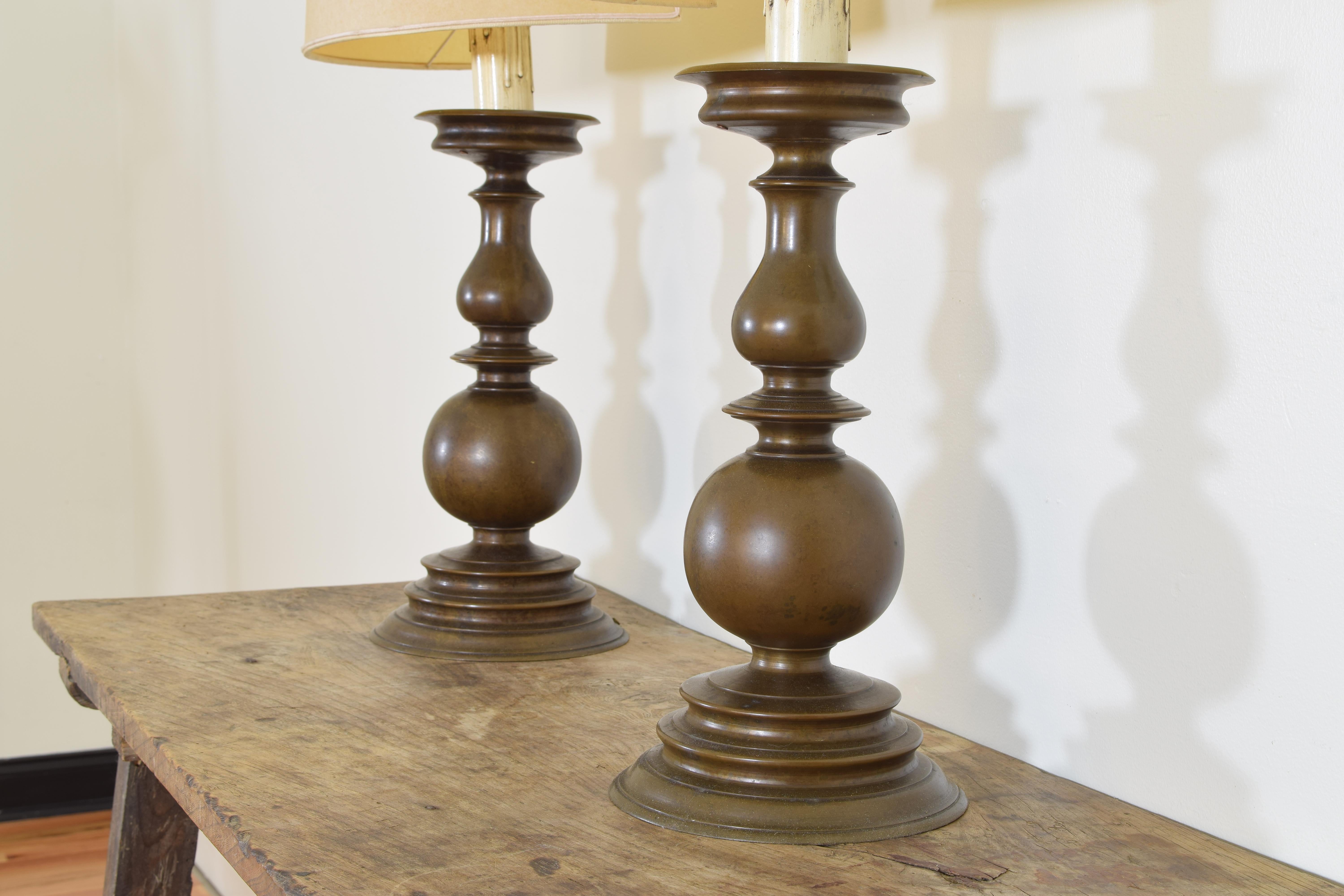 Pair of Italian Baroque Revival Patinated Brass Table Lamps, Late 19th Century In Excellent Condition In Atlanta, GA