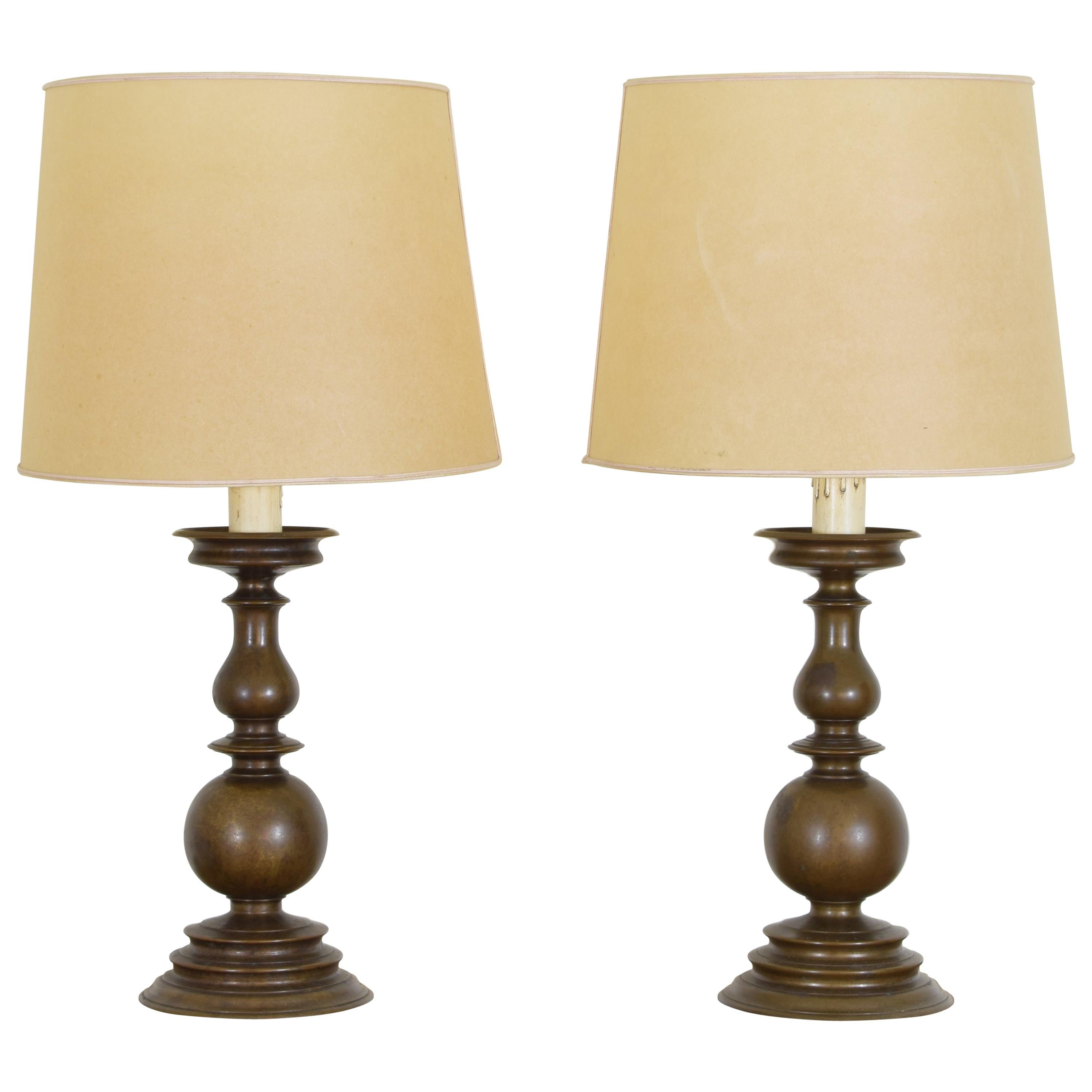 Pair of Italian Baroque Revival Patinated Brass Table Lamps, Late 19th Century