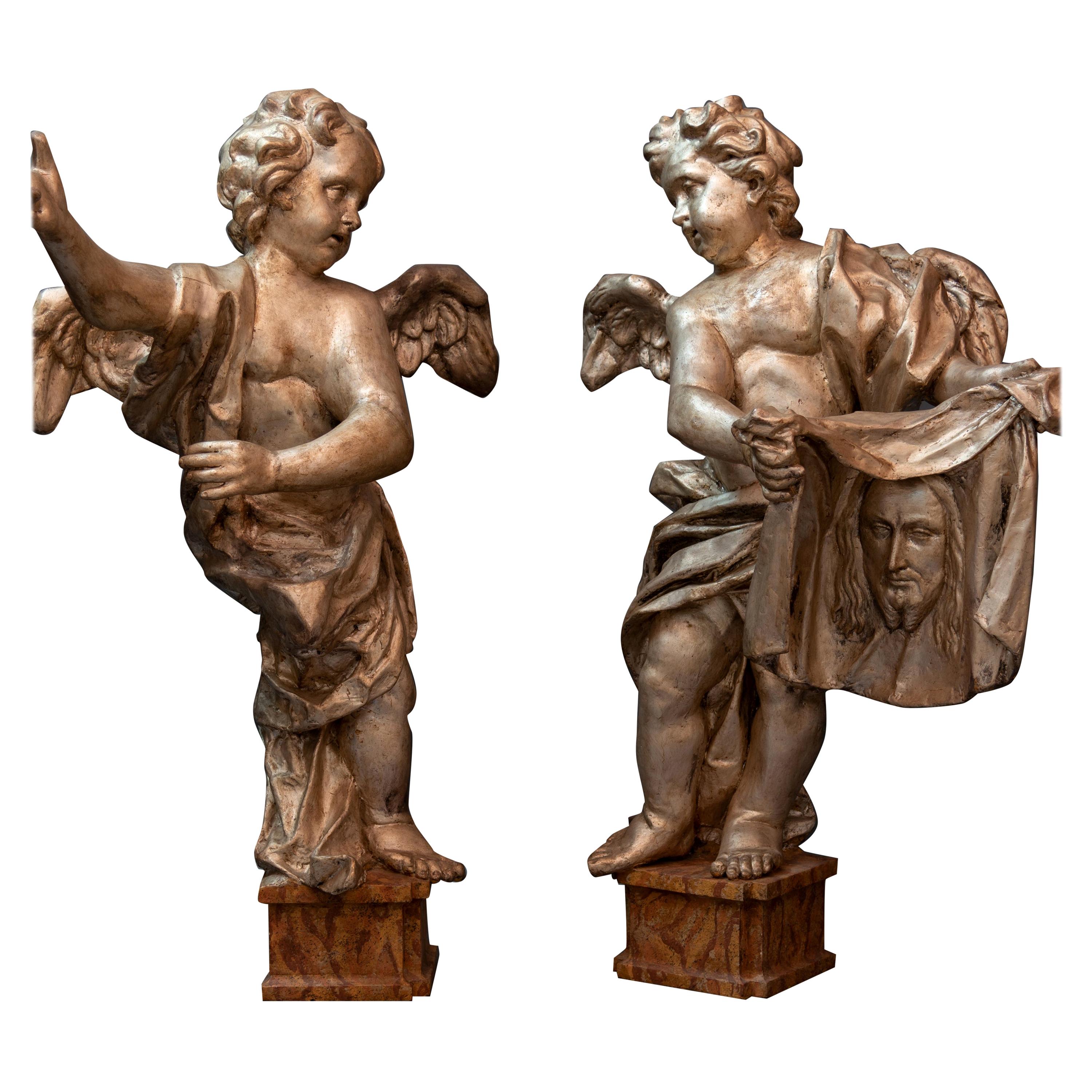 Pair of Italian Baroque Sculptures Period Papier Mâché Angels