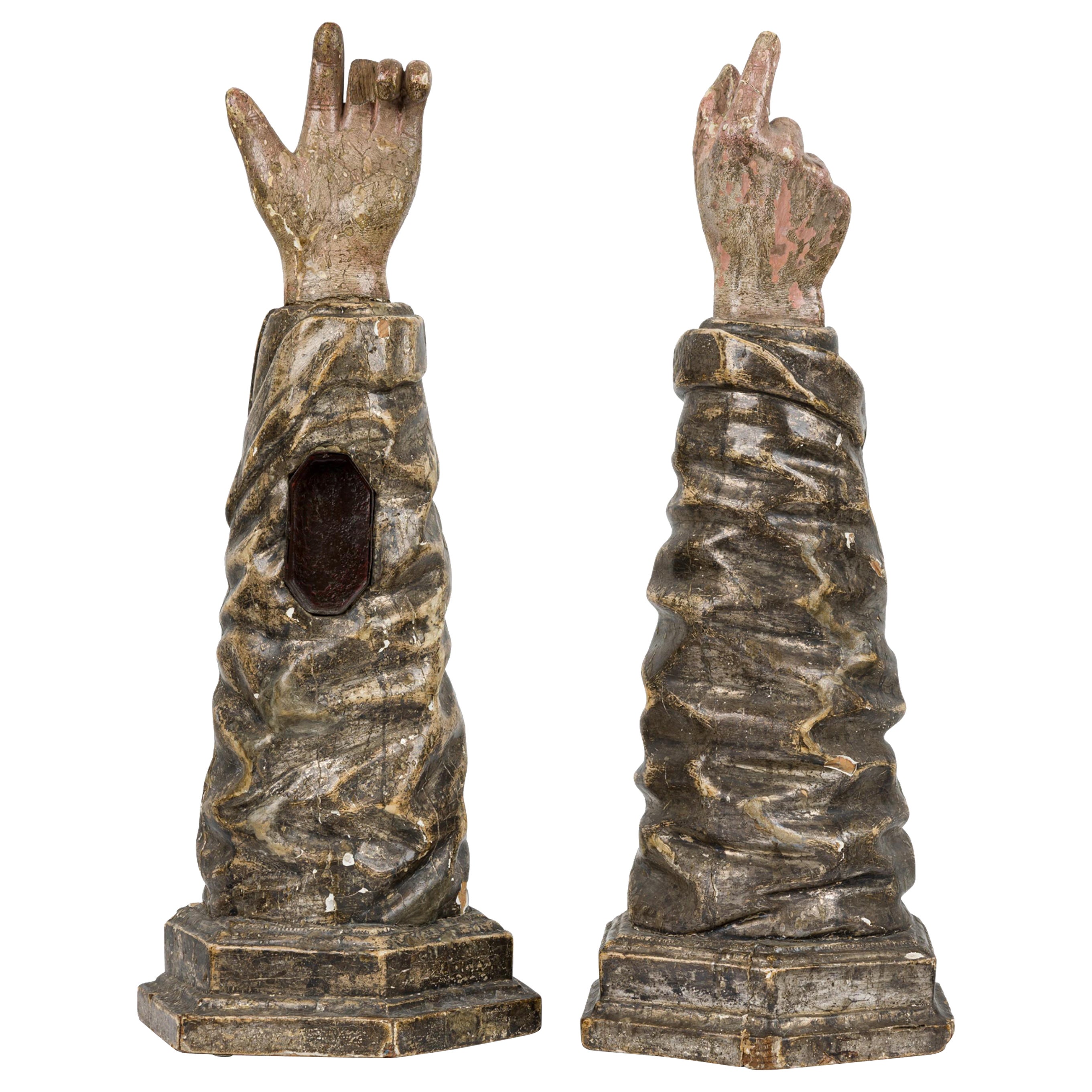 Pair of Italian Baroque Silver Gilt and Painted Hand Form Reliquaries
