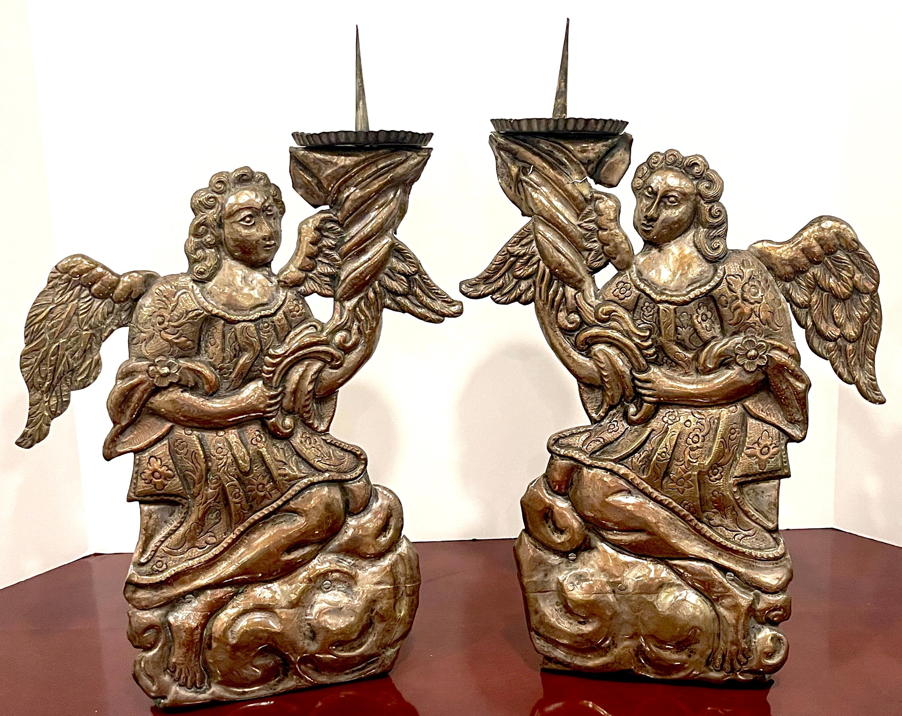 Silvered Pair of Italian Baroque Silverplated Angel Candlesticks /Prickets For Sale
