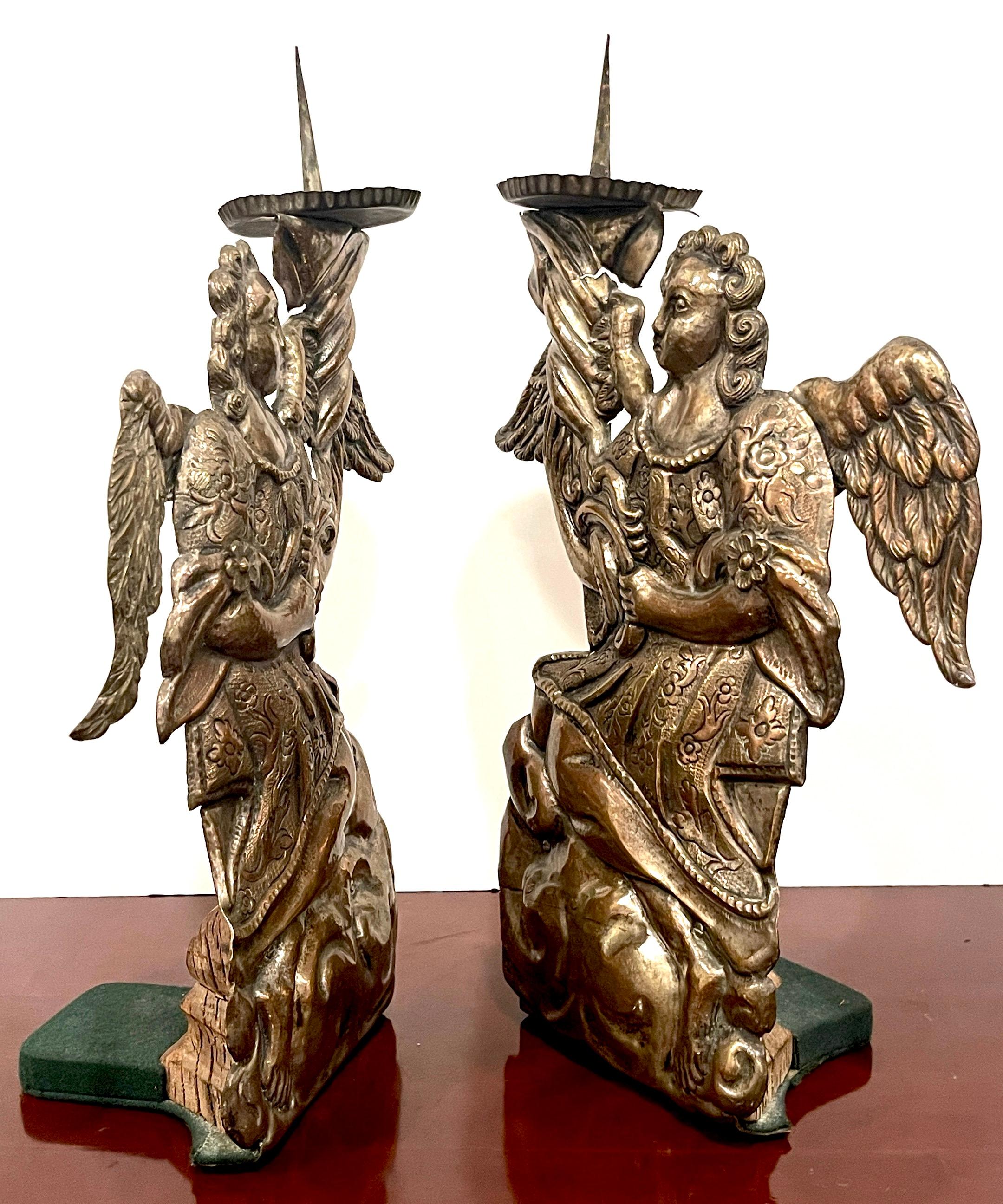 Pair of Italian Baroque Silverplated Angel Candlesticks /Prickets In Good Condition For Sale In West Palm Beach, FL