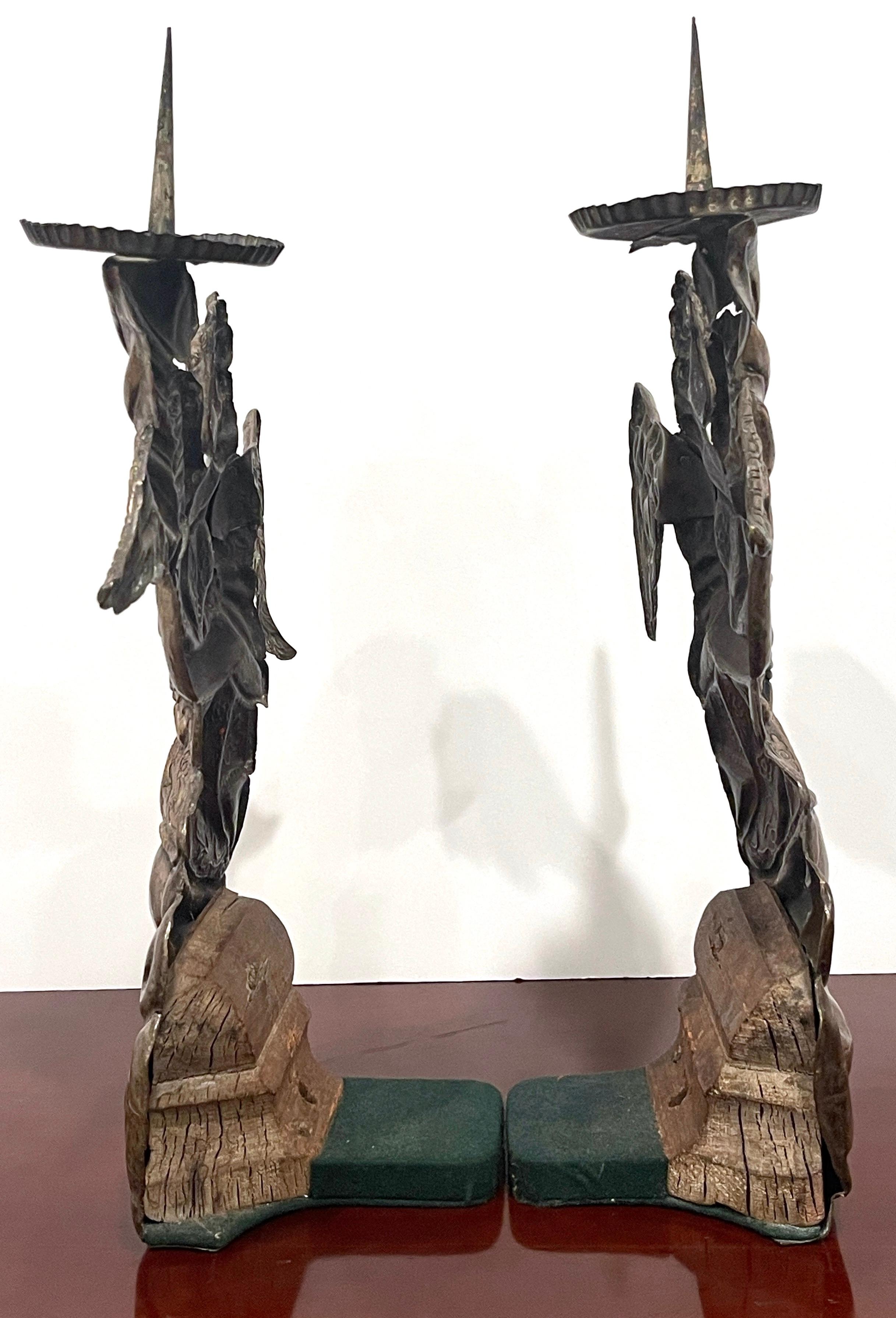 Copper Pair of Italian Baroque Silverplated Angel Candlesticks /Prickets For Sale