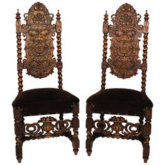 Pair of Italian Baroque Solomonic Style Walnut Carved Side Chairs