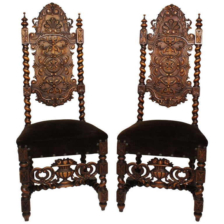 Pair of Italian Baroque Solomonic Style Walnut Carved Side Chairs at