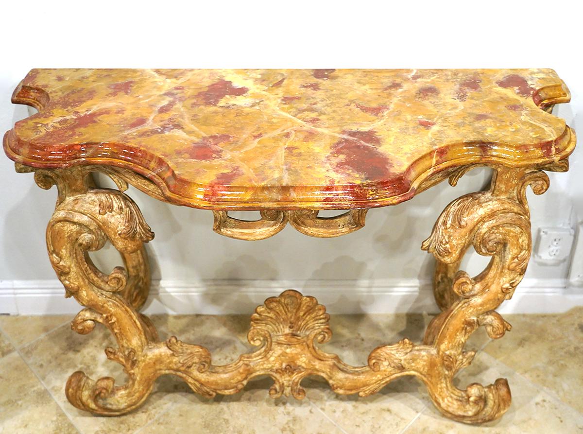 Pair of Italian Baroque Style Carved Console Tables with Marbleized Tops 2