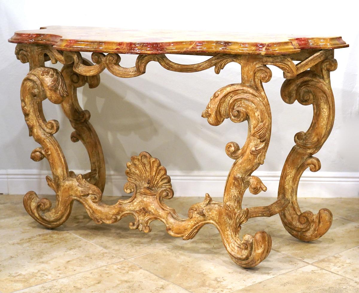 Pair of Italian Baroque Style Carved Console Tables with Marbleized Tops 4