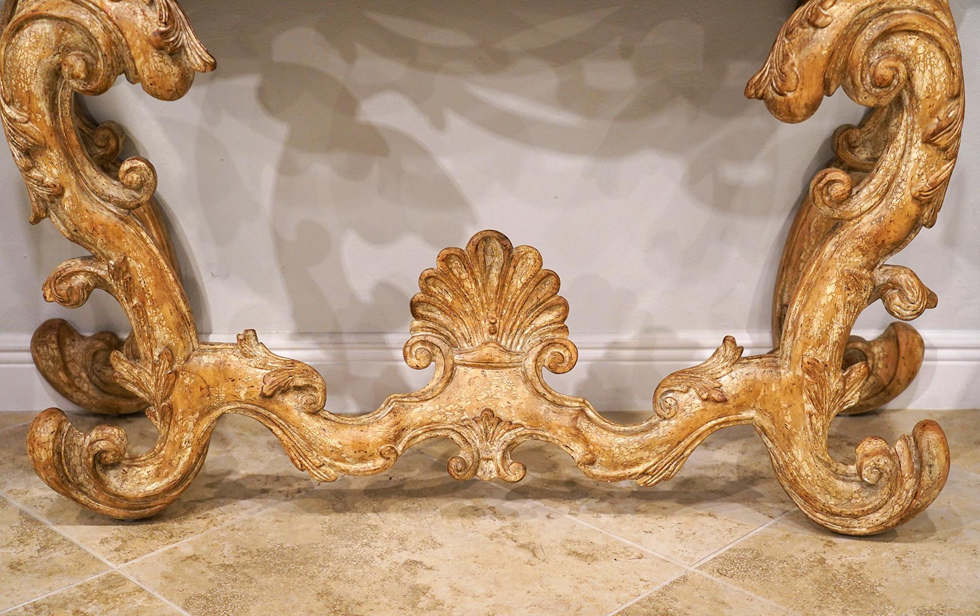 Hand-Carved Pair of Italian Baroque Style Carved Console Tables with Marbleized Tops