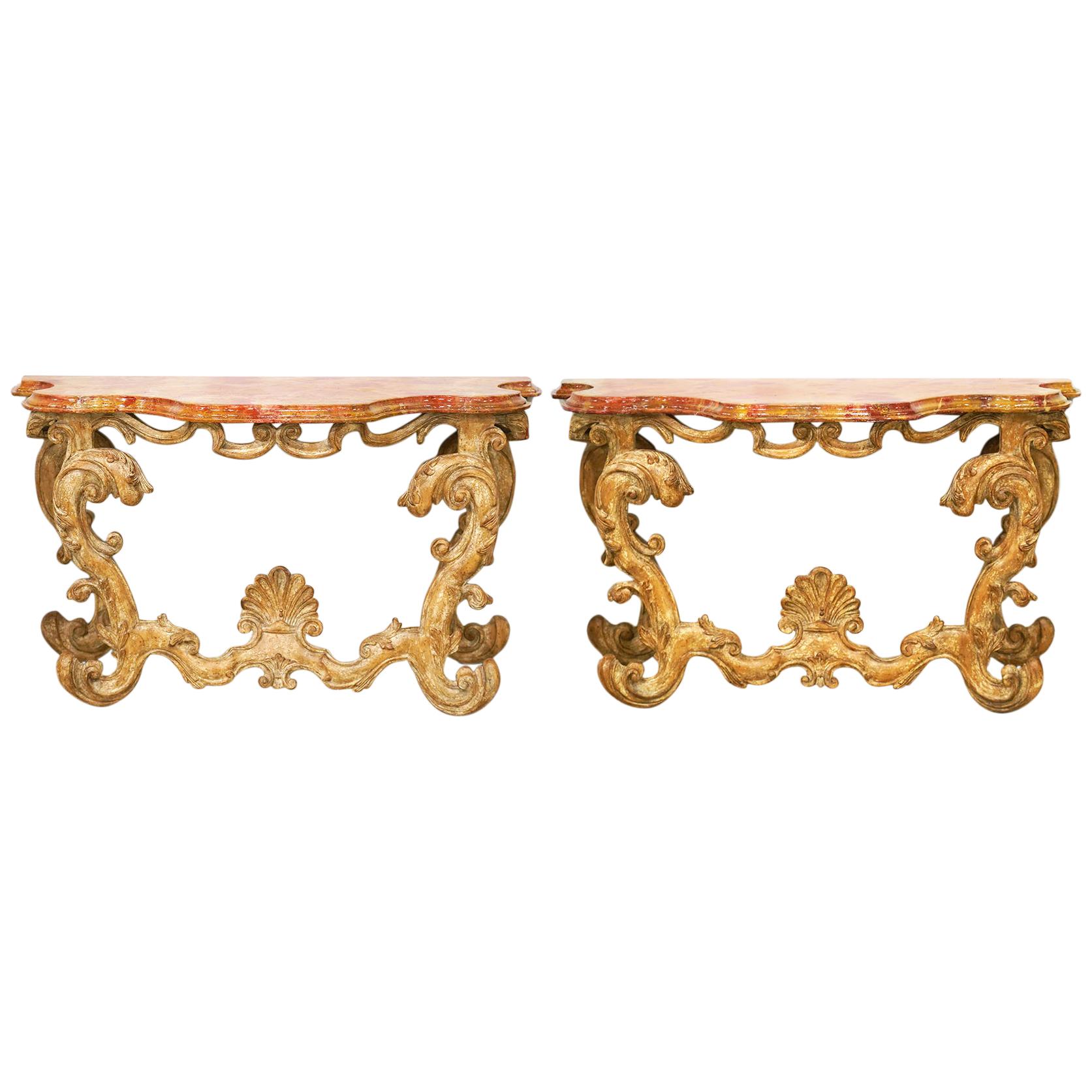 Pair of Italian Baroque Style Carved Console Tables with Marbleized Tops
