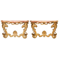 Pair of Italian Baroque Style Carved Console Tables with Marbleized Tops