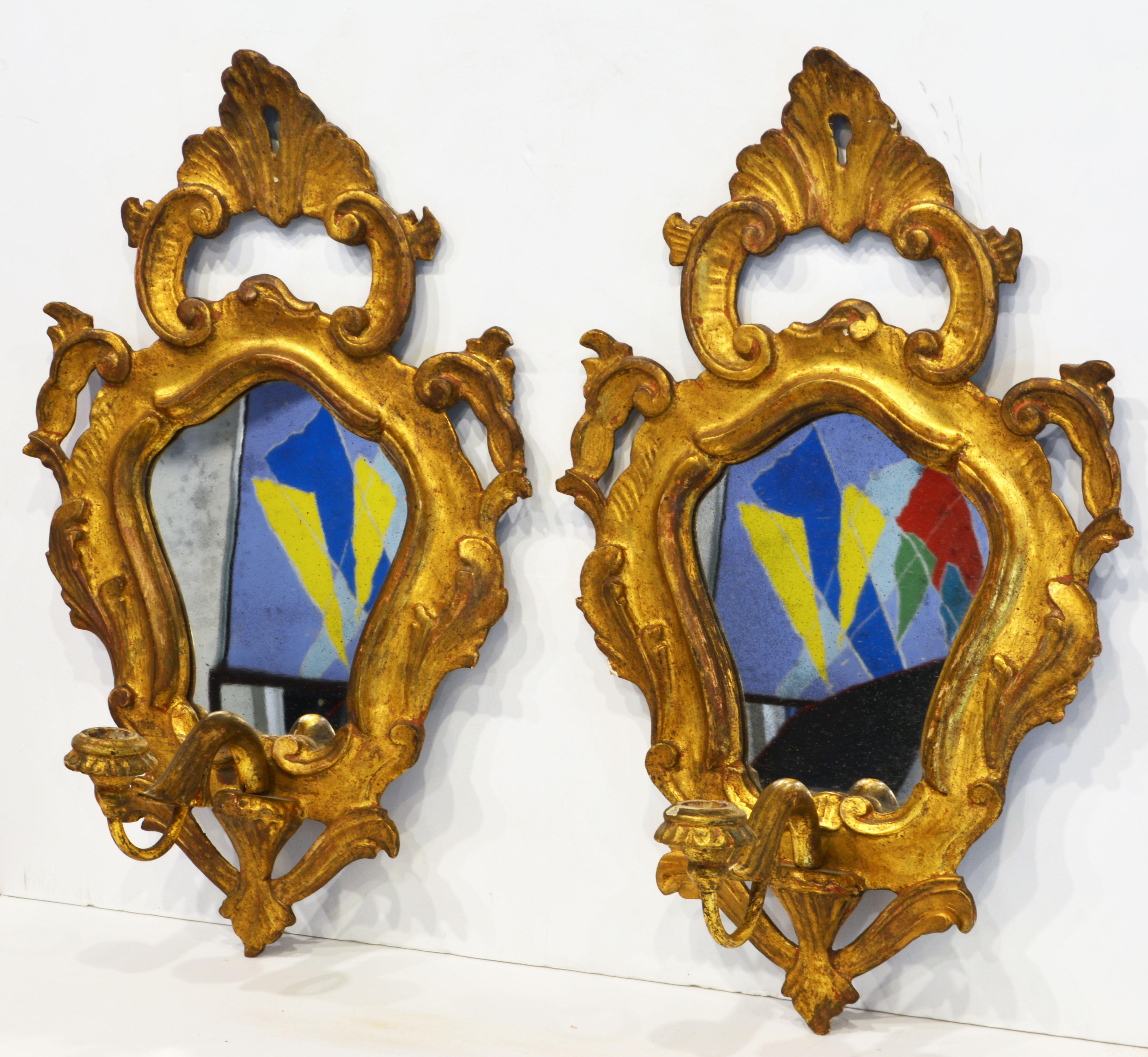 Pair of Italian Baroque Style Carved Giltwood Mirror Wall Sconces, Mid 20th C. In Good Condition In Ft. Lauderdale, FL