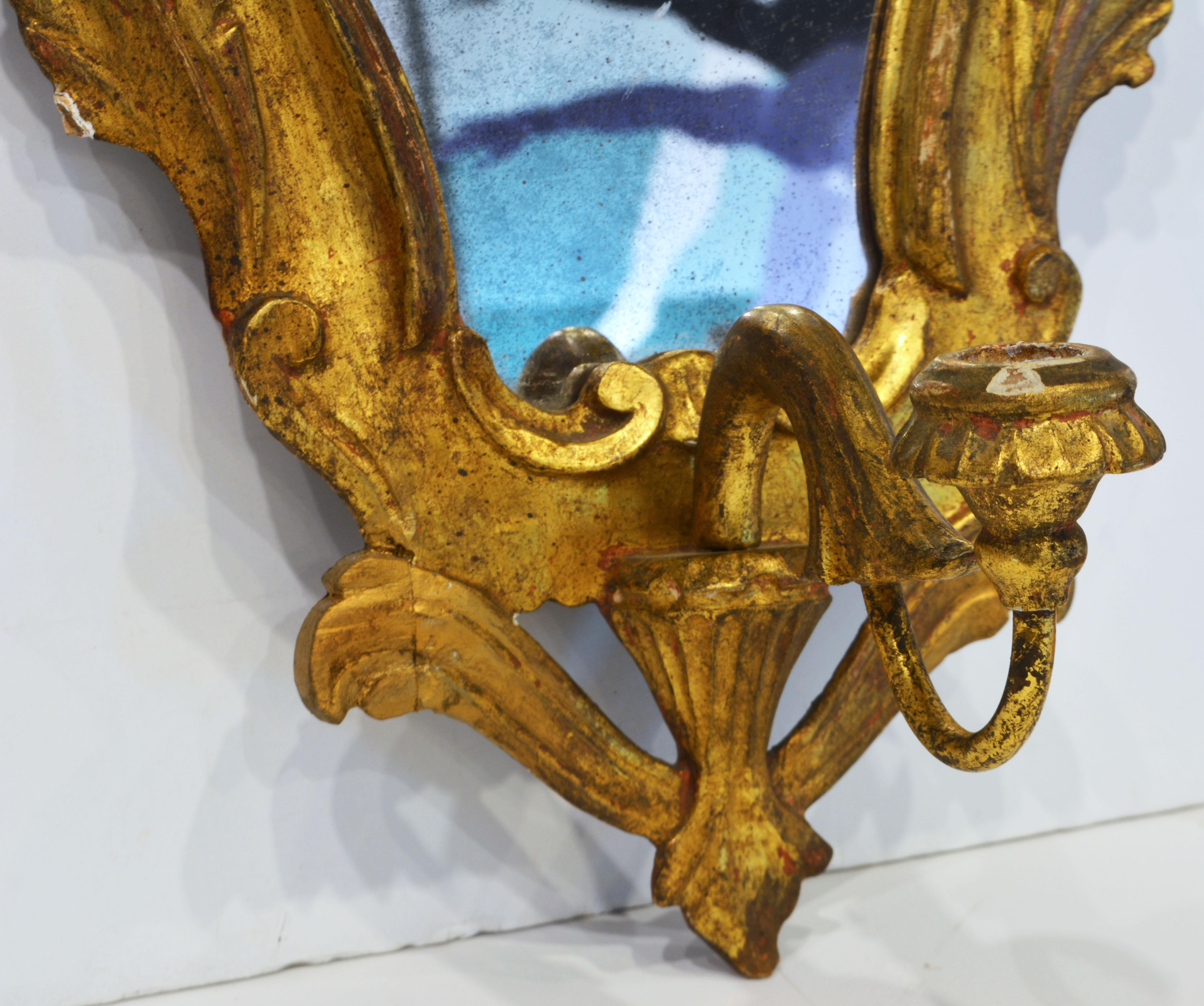 20th Century Pair of Italian Baroque Style Carved Giltwood Mirror Wall Sconces, Mid 20th C.