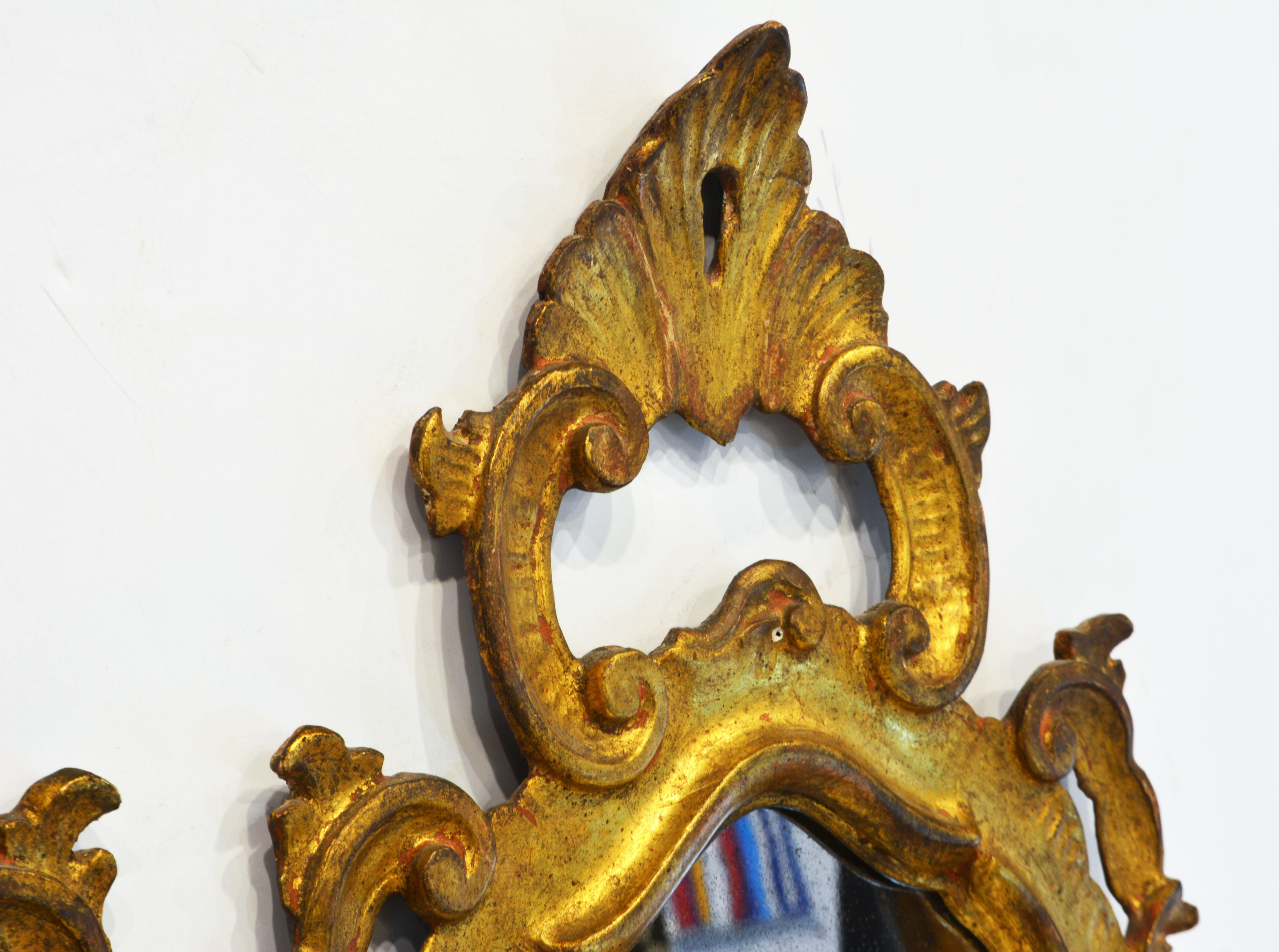 Pair of Italian Baroque Style Carved Giltwood Mirror Wall Sconces, Mid 20th C. 1