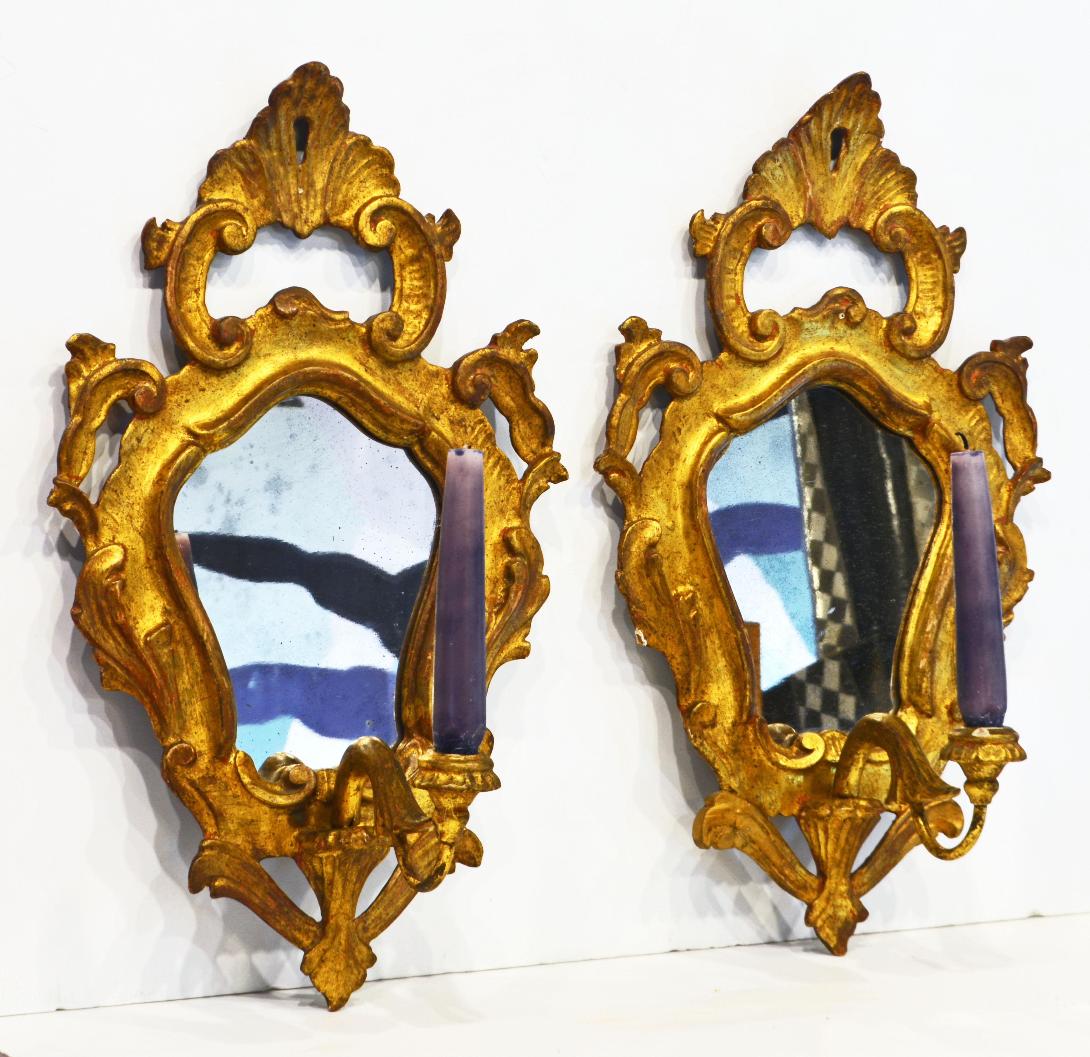 Pair of Italian Baroque Style Carved Giltwood Mirror Wall Sconces, Mid 20th C. 2