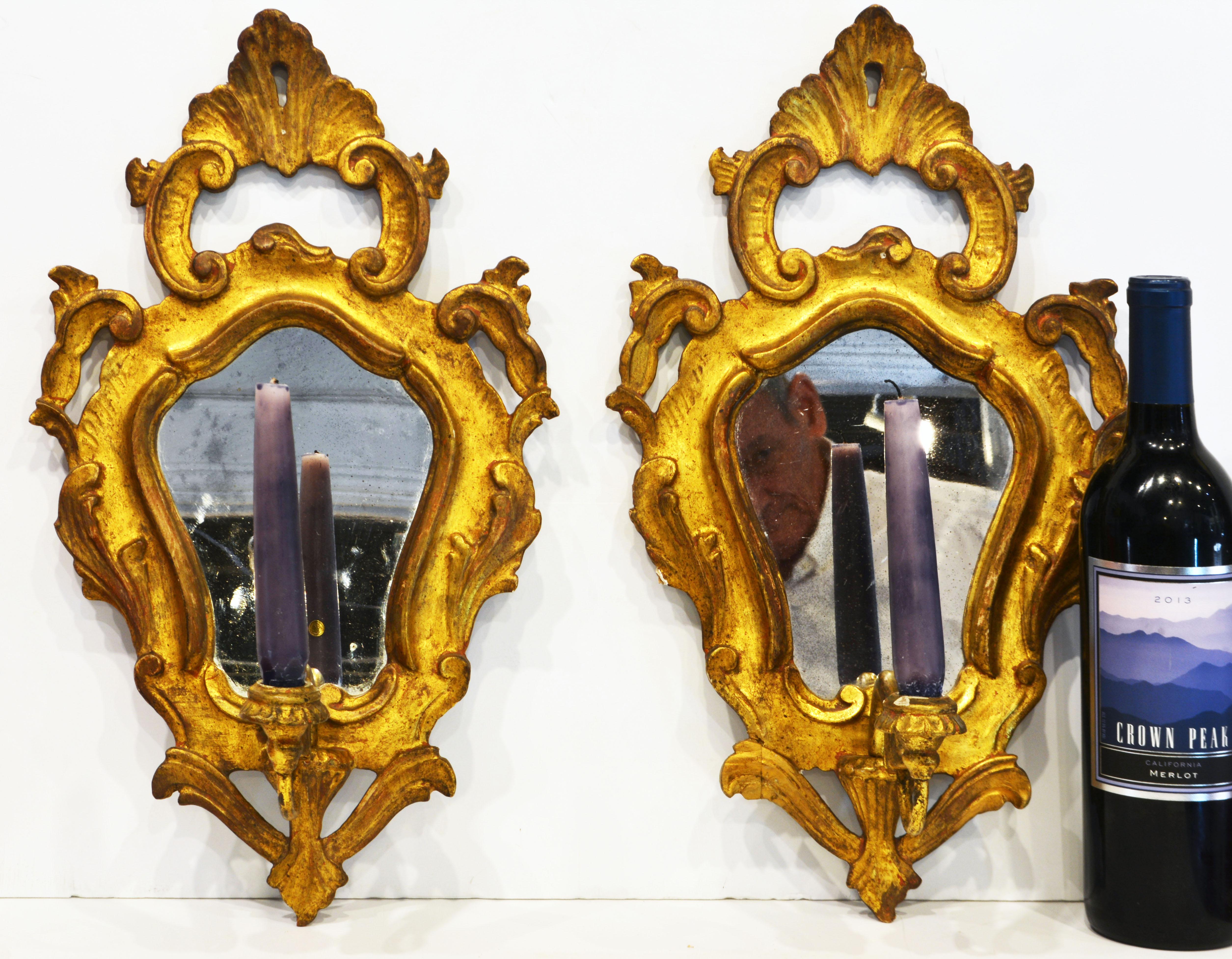 Pair of Italian Baroque Style Carved Giltwood Mirror Wall Sconces, Mid 20th C. 3