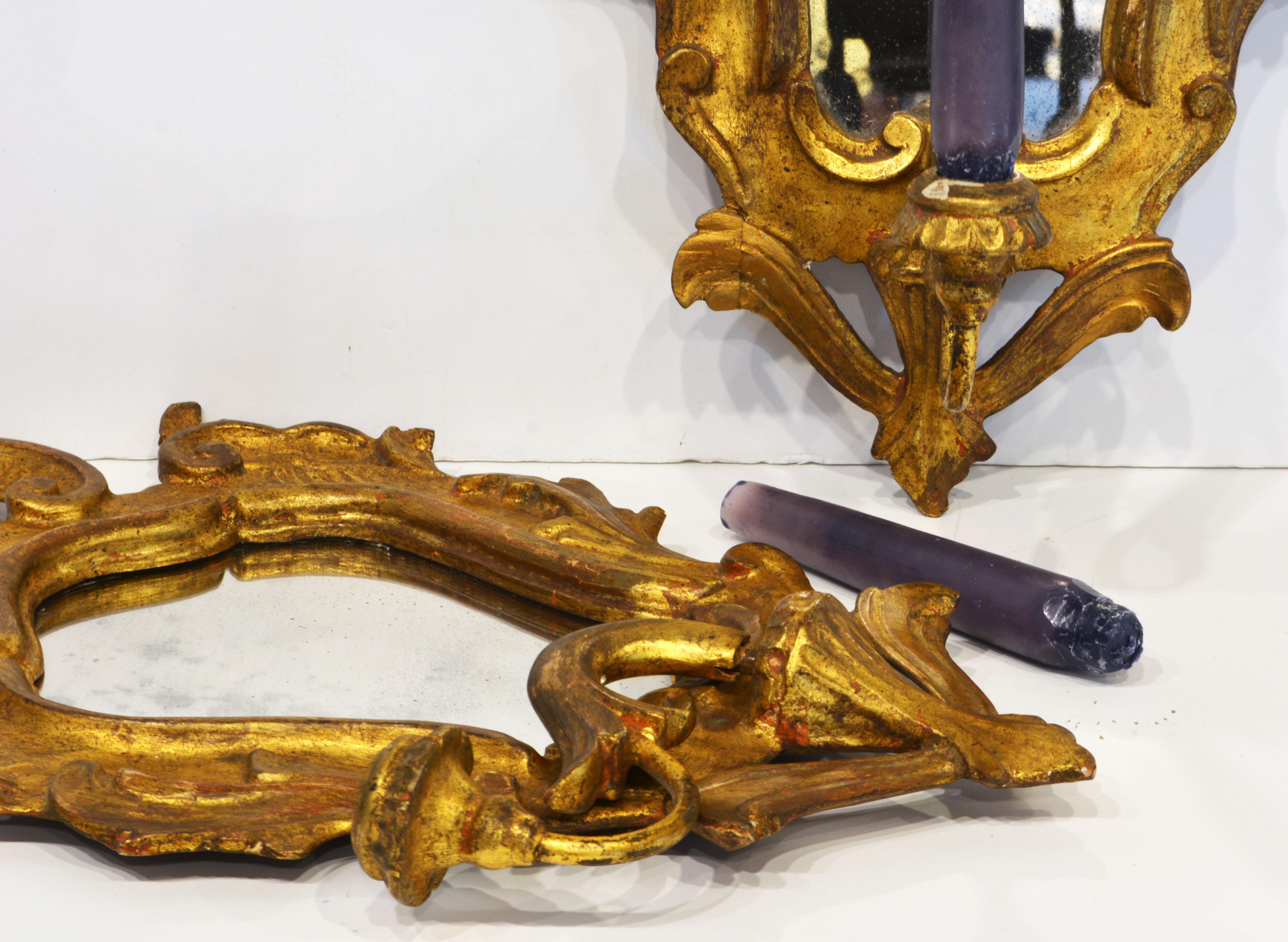Pair of Italian Baroque Style Carved Giltwood Mirror Wall Sconces, Mid 20th C. 4