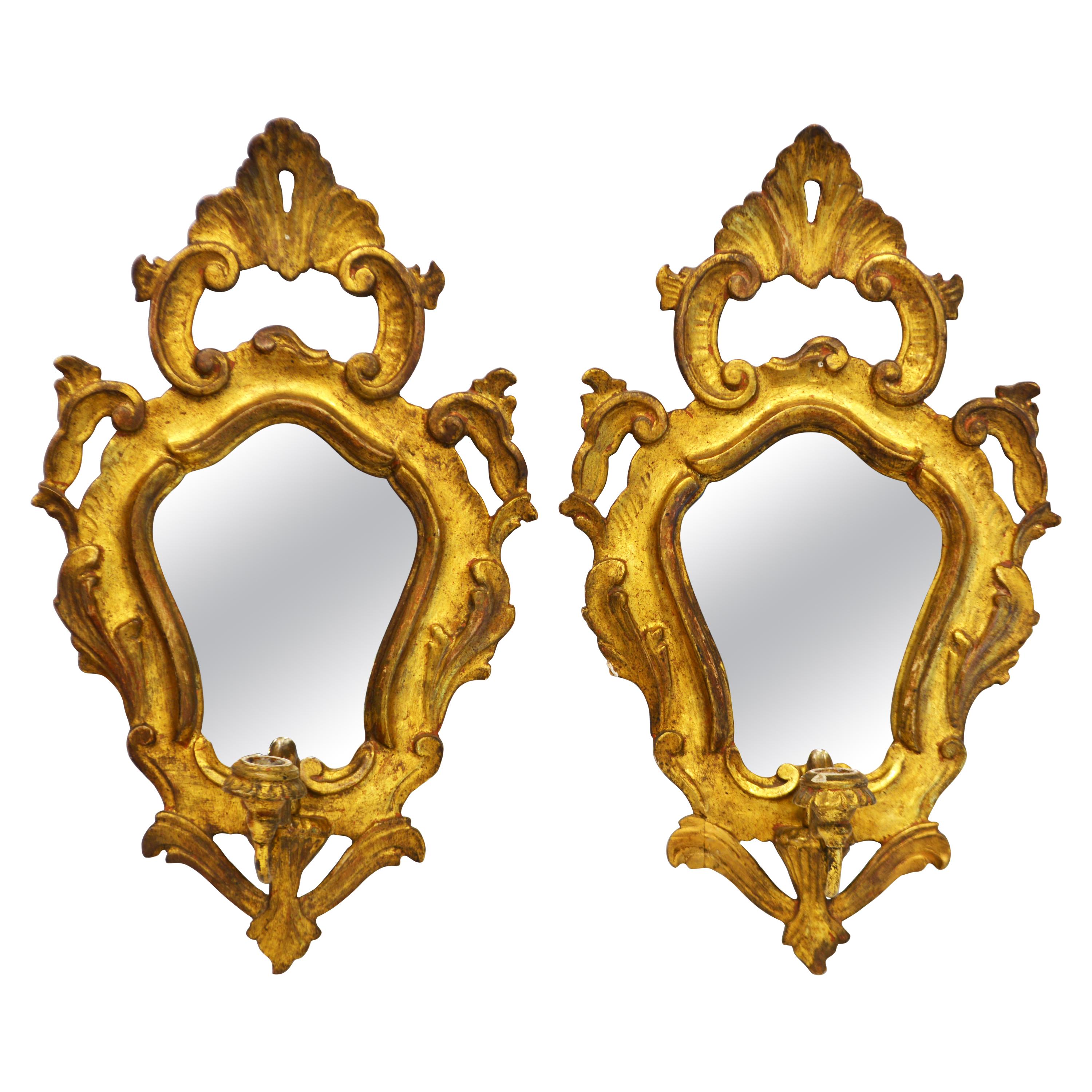 Pair of Italian Baroque Style Carved Giltwood Mirror Wall Sconces, Mid 20th C.