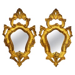 Retro Pair of Italian Baroque Style Carved Giltwood Mirror Wall Sconces, Mid 20th C.