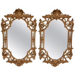 Antique Pair of Italian Baroque Style Carved Giltwood Mirrors