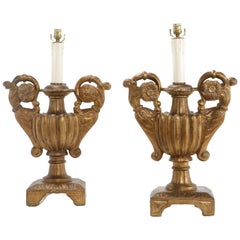 Pair of Italian Baroque Style Carved Giltwood Urn Lamps