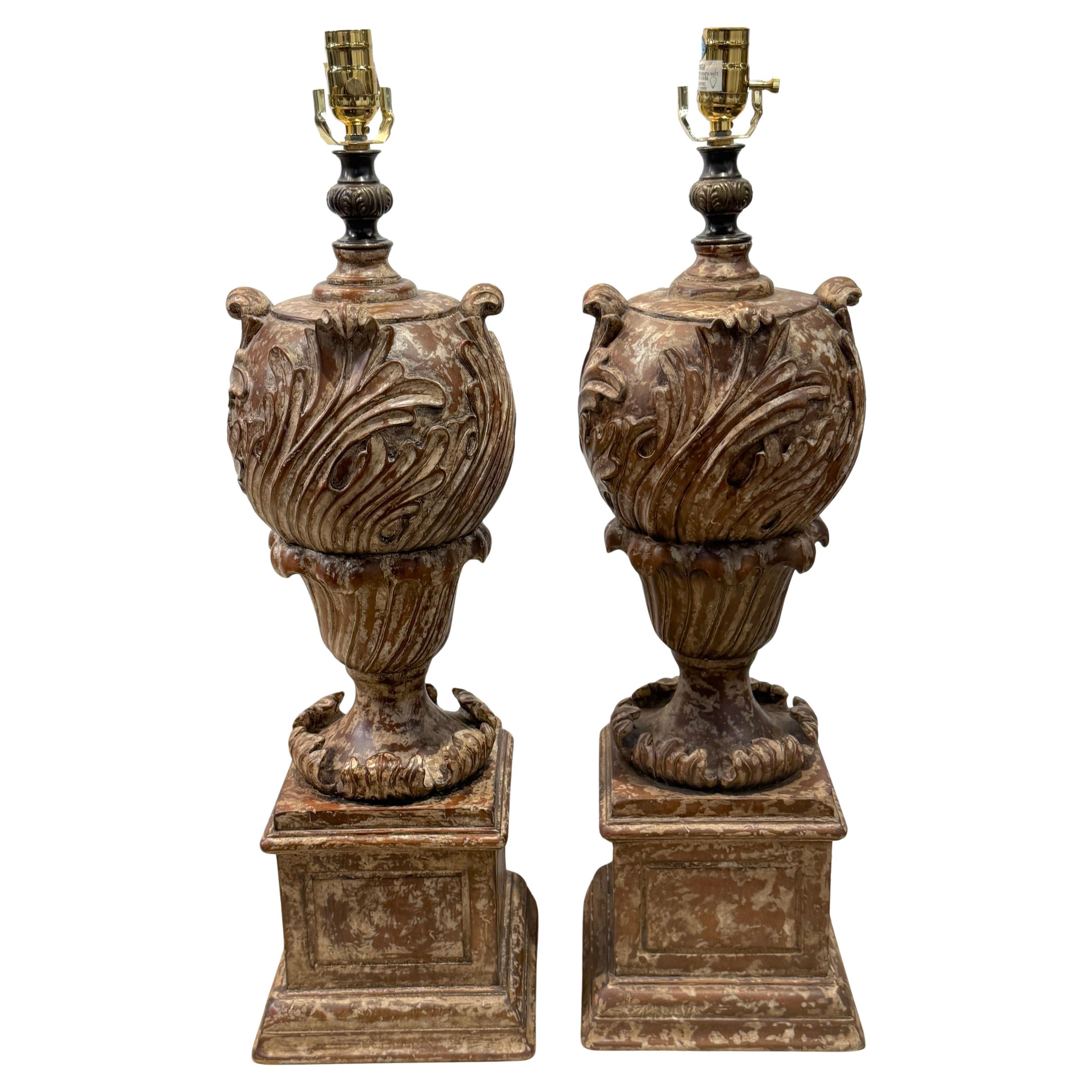 Pair of Italian Baroque Style Carved
Polychromed Wood Urns, Now as Lamps
