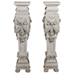 Pair of Italian Baroque Style Hand Carved Wood Pedestals Painted White