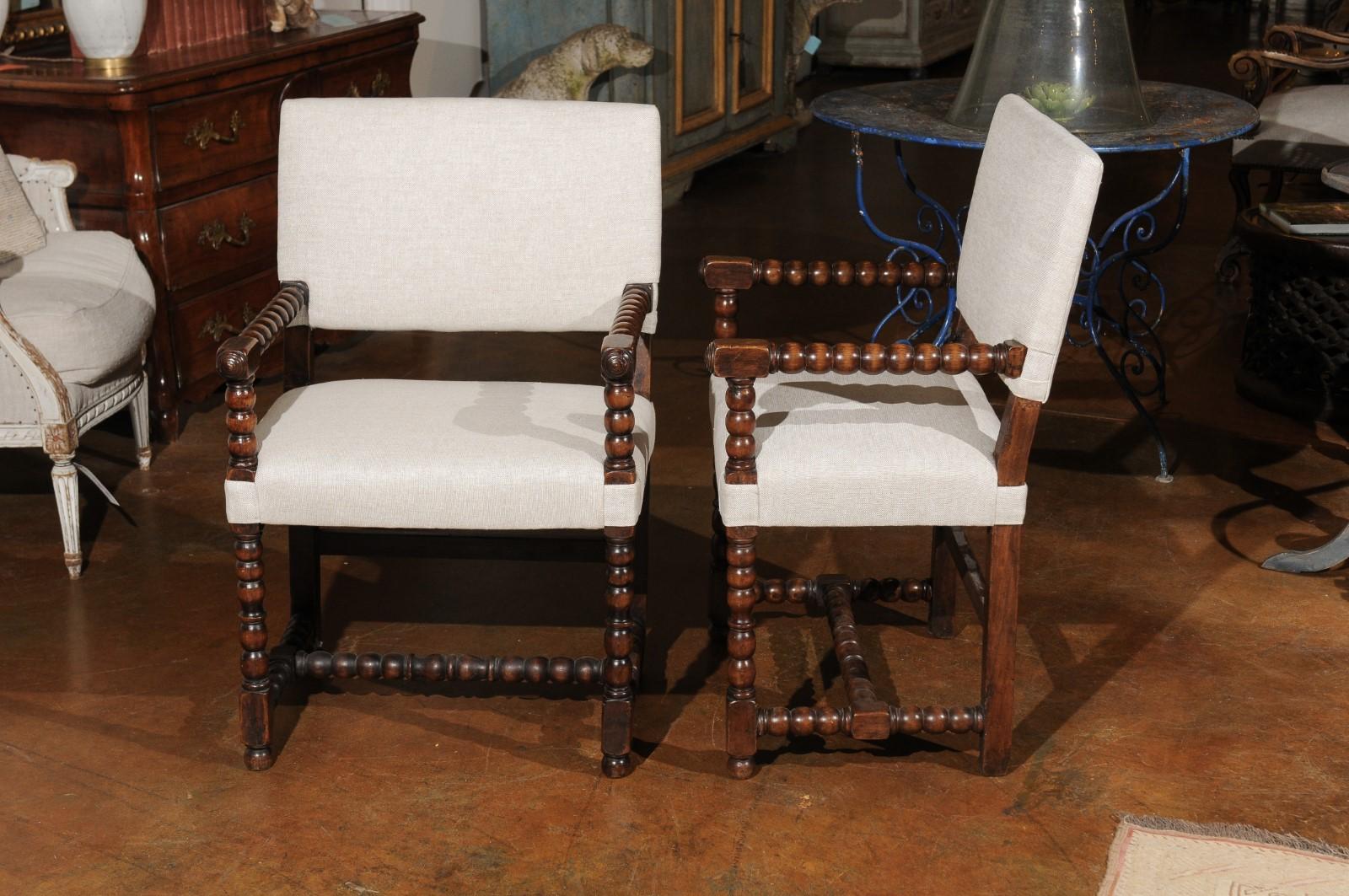 Pair of Italian Baroque Style Oak Armchairs with Bobbin Legs and New Upholstery 6