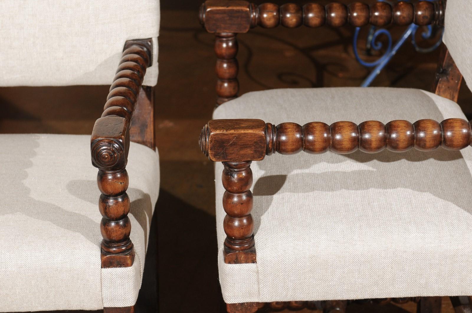Pair of Italian Baroque Style Oak Armchairs with Bobbin Legs and New Upholstery 7