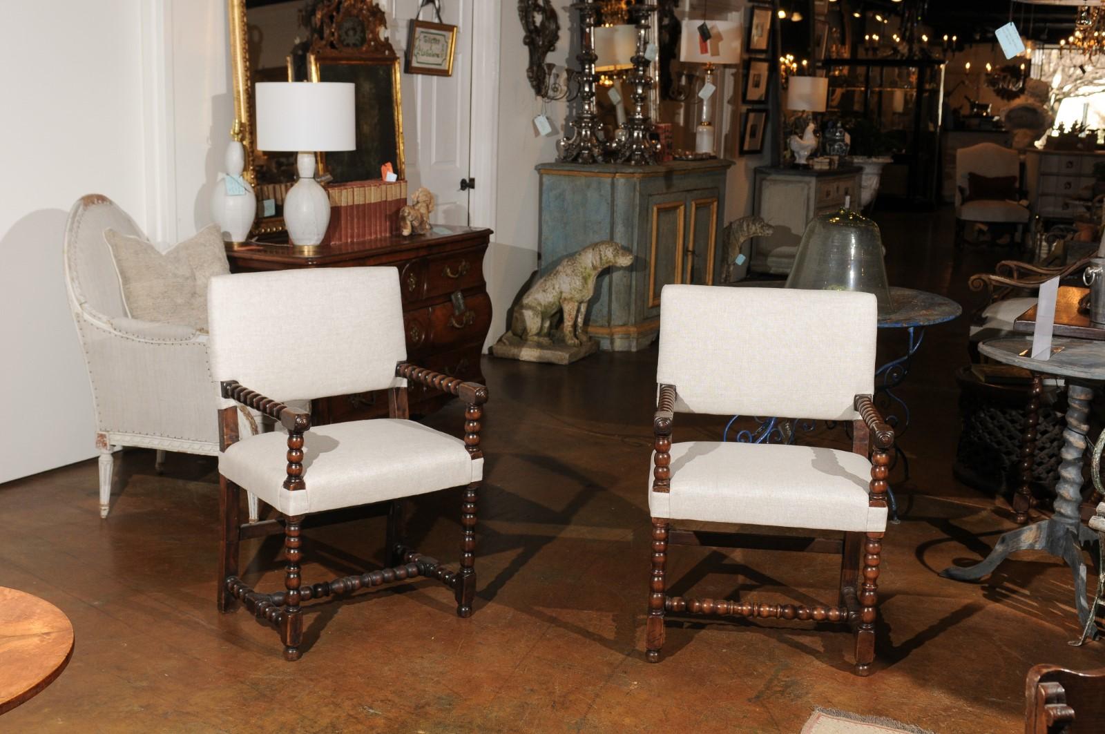 Turned Pair of Italian Baroque Style Oak Armchairs with Bobbin Legs and New Upholstery