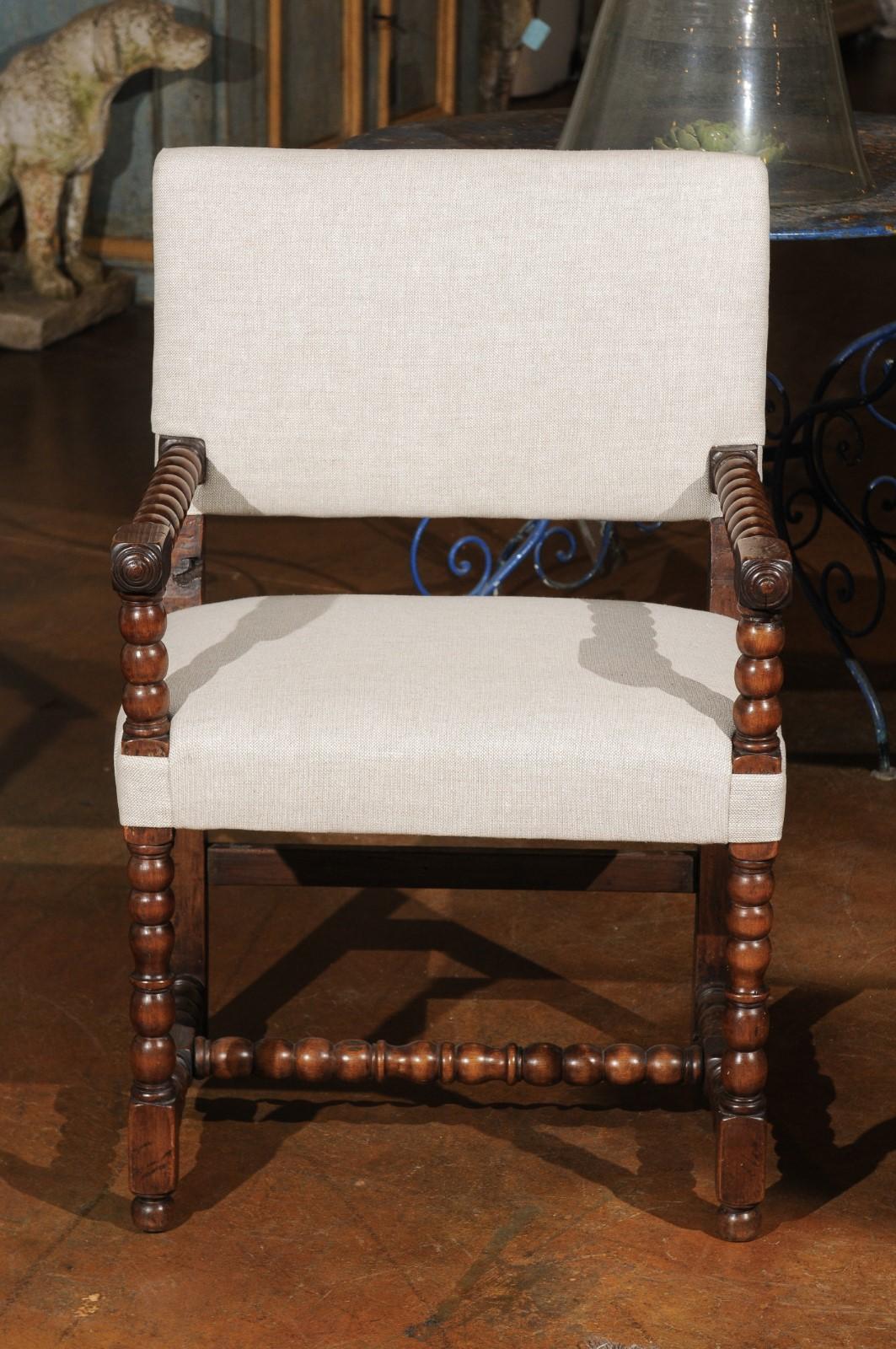 19th Century Pair of Italian Baroque Style Oak Armchairs with Bobbin Legs and New Upholstery