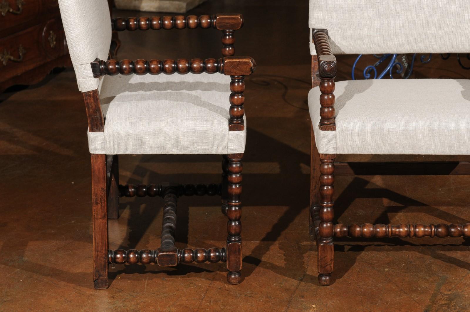 Pair of Italian Baroque Style Oak Armchairs with Bobbin Legs and New Upholstery 1