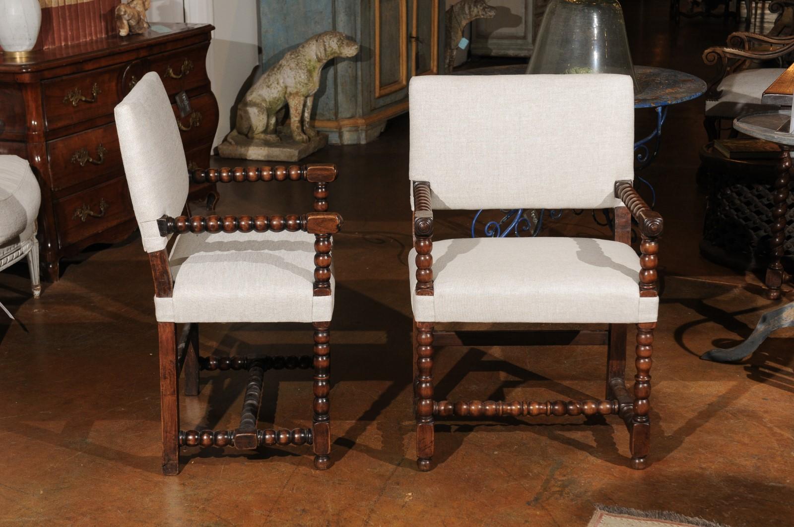Pair of Italian Baroque Style Oak Armchairs with Bobbin Legs and New Upholstery 2