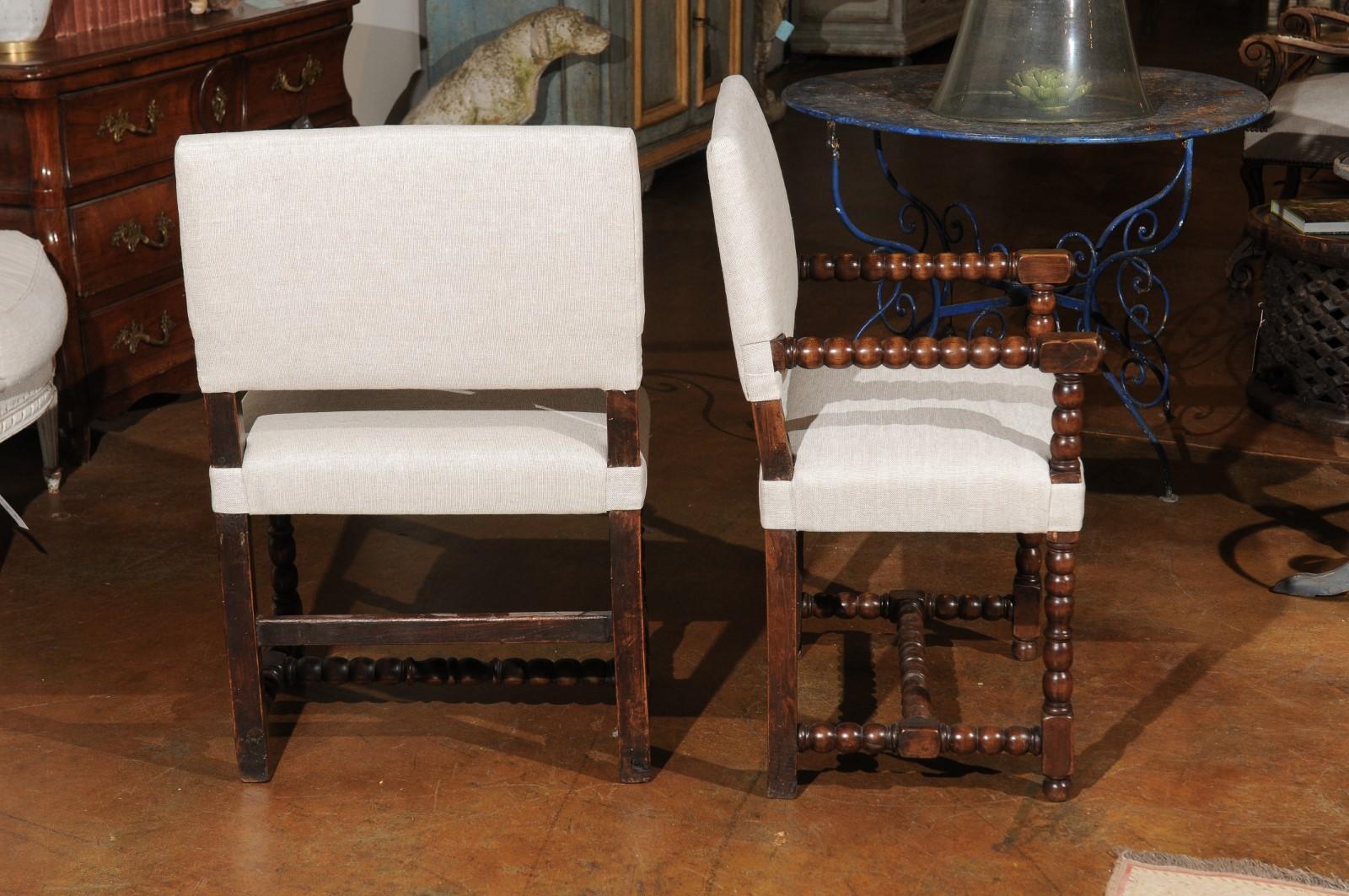 Pair of Italian Baroque Style Oak Armchairs with Bobbin Legs and New Upholstery 3