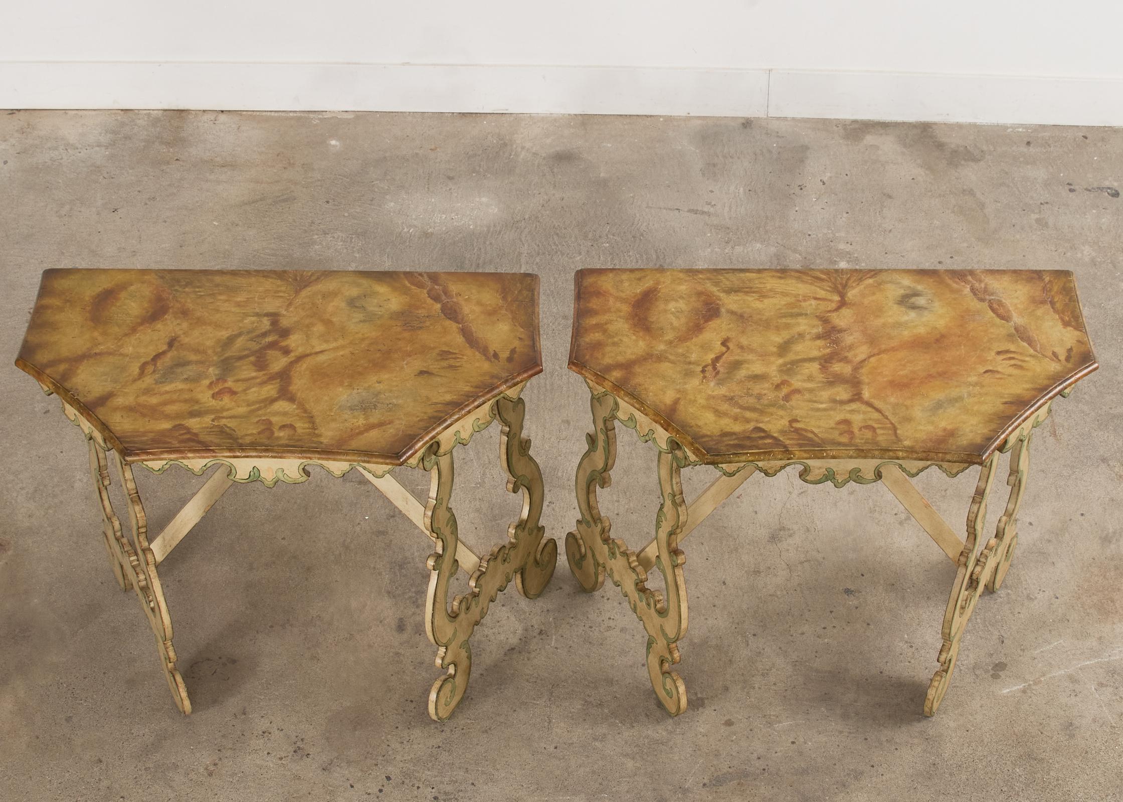 Pair of Italian Baroque Style Painted Faux Marble Top Consoles In Good Condition For Sale In Rio Vista, CA