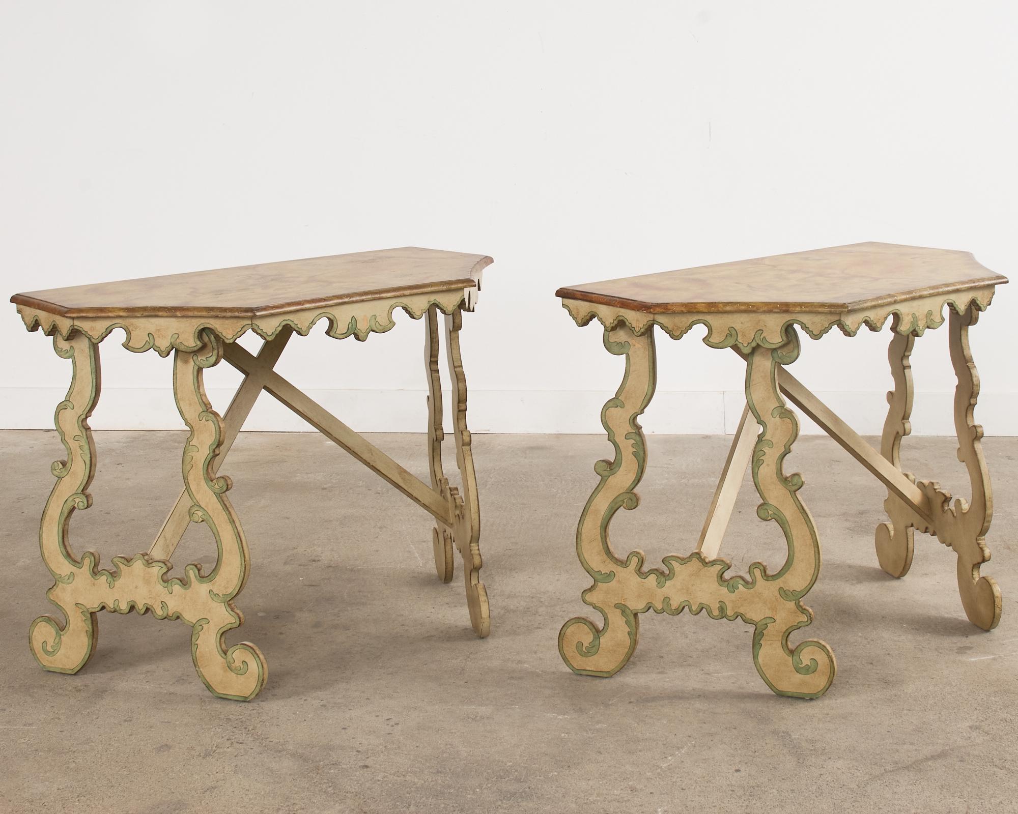 20th Century Pair of Italian Baroque Style Painted Faux Marble Top Consoles For Sale