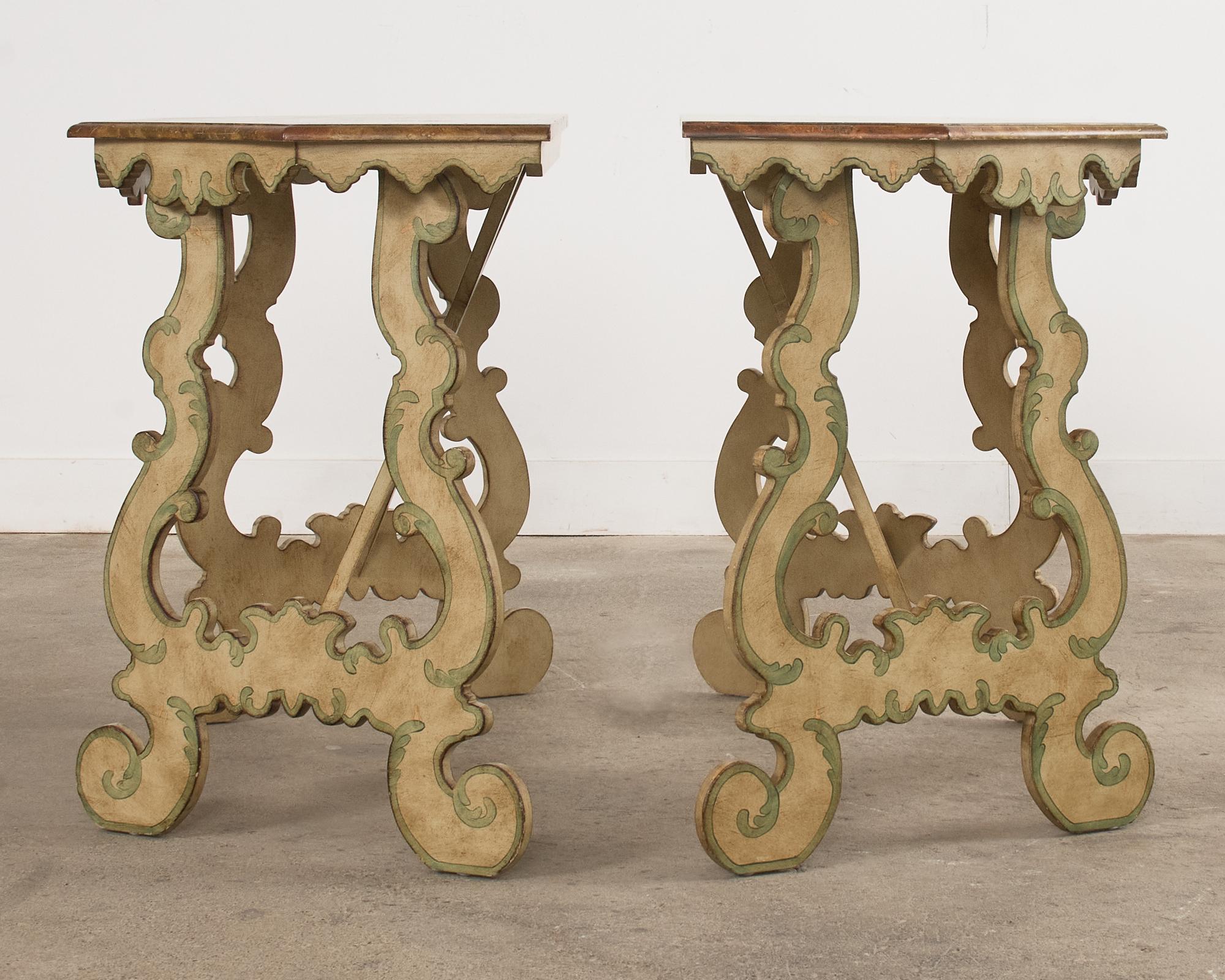 Pair of Italian Baroque Style Painted Faux Marble Top Consoles For Sale 1