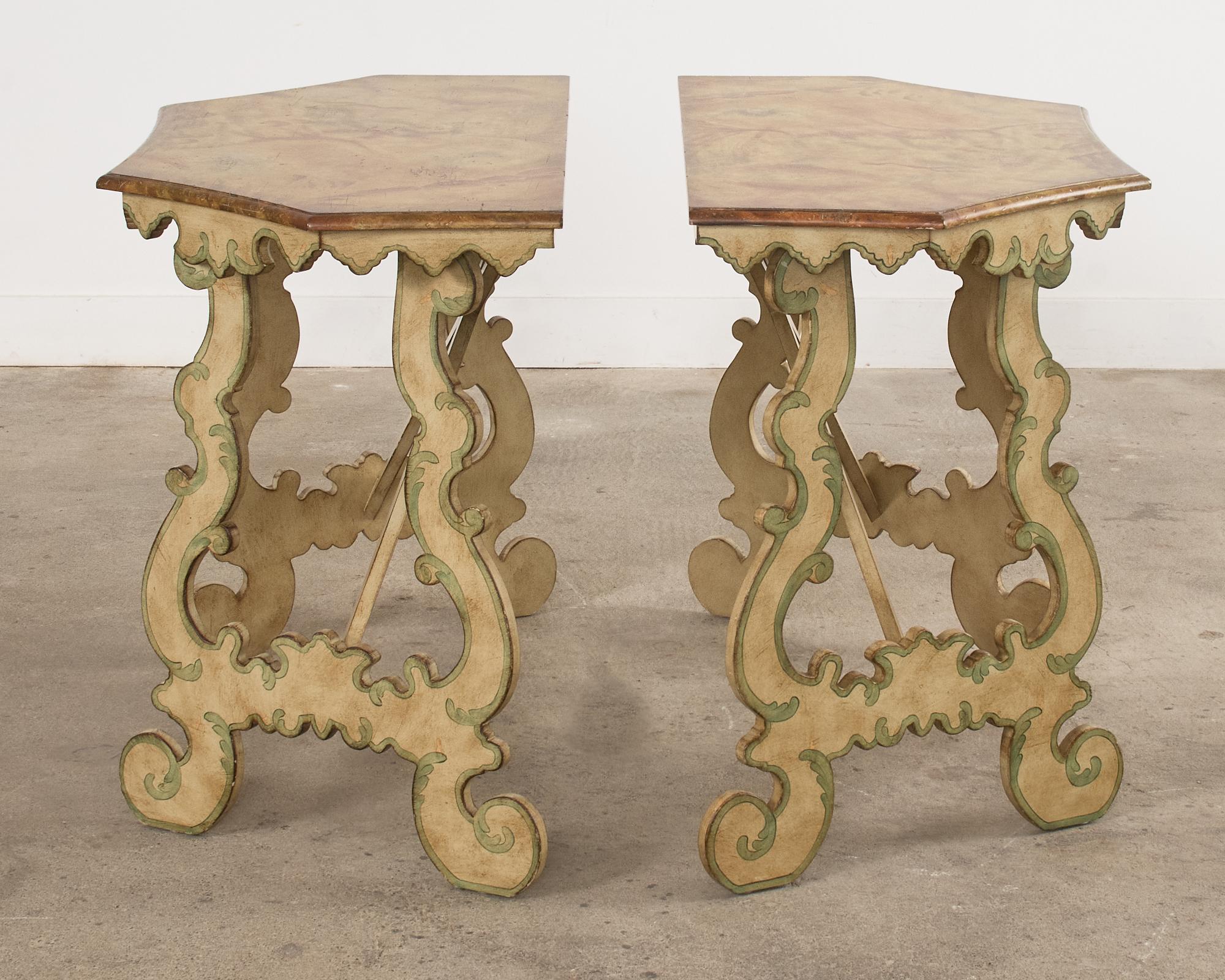Pair of Italian Baroque Style Painted Faux Marble Top Consoles For Sale 3