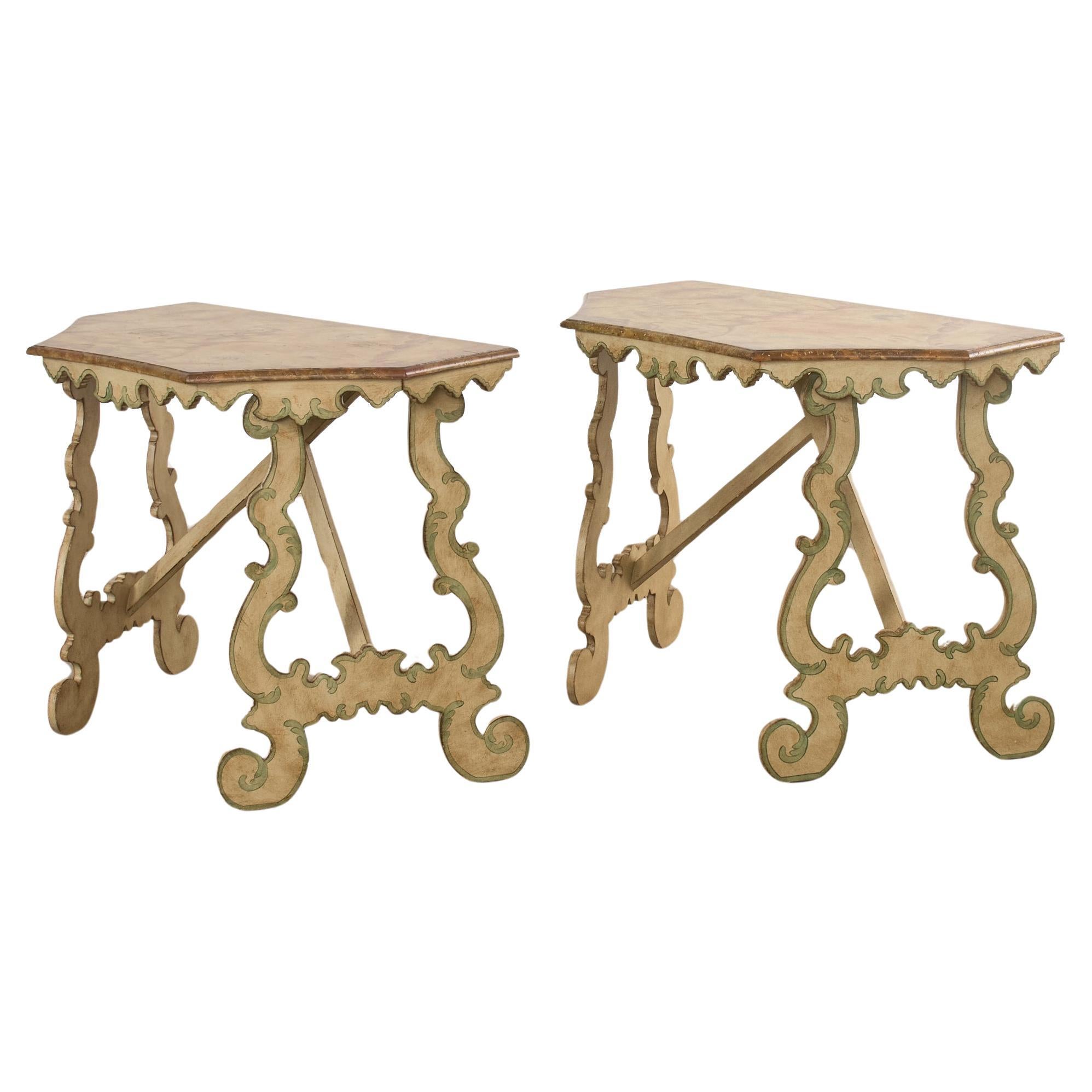 Pair of Italian Baroque Style Painted Faux Marble Top Consoles