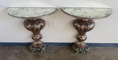 Pair of Italian Baroque Style Silver-Gilt Console Tables with Mirrored Tops