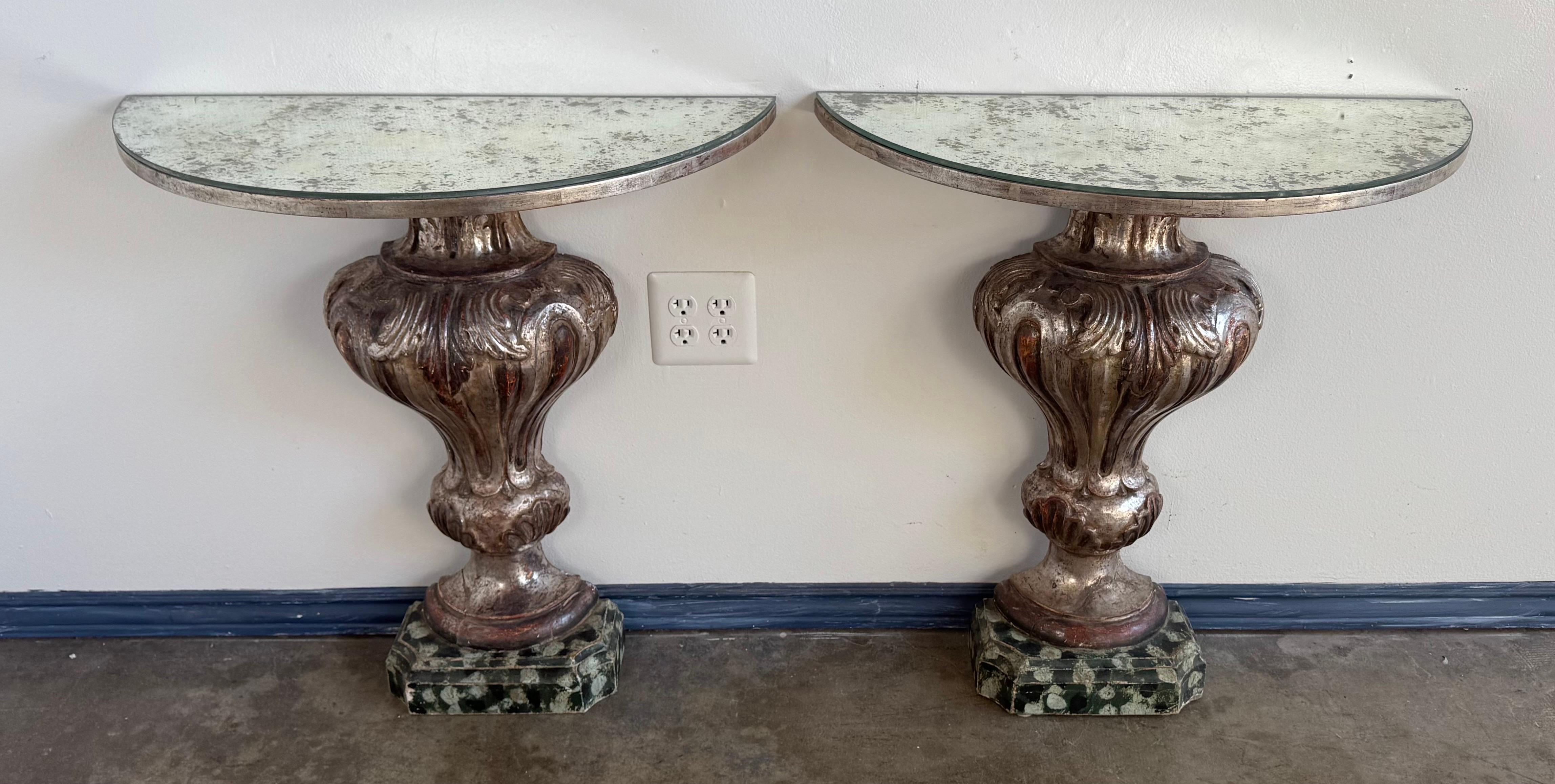Pair of Italian Baroque Style Silver-Gilt Console Tables with Mirrored Tops In Distressed Condition For Sale In Los Angeles, CA