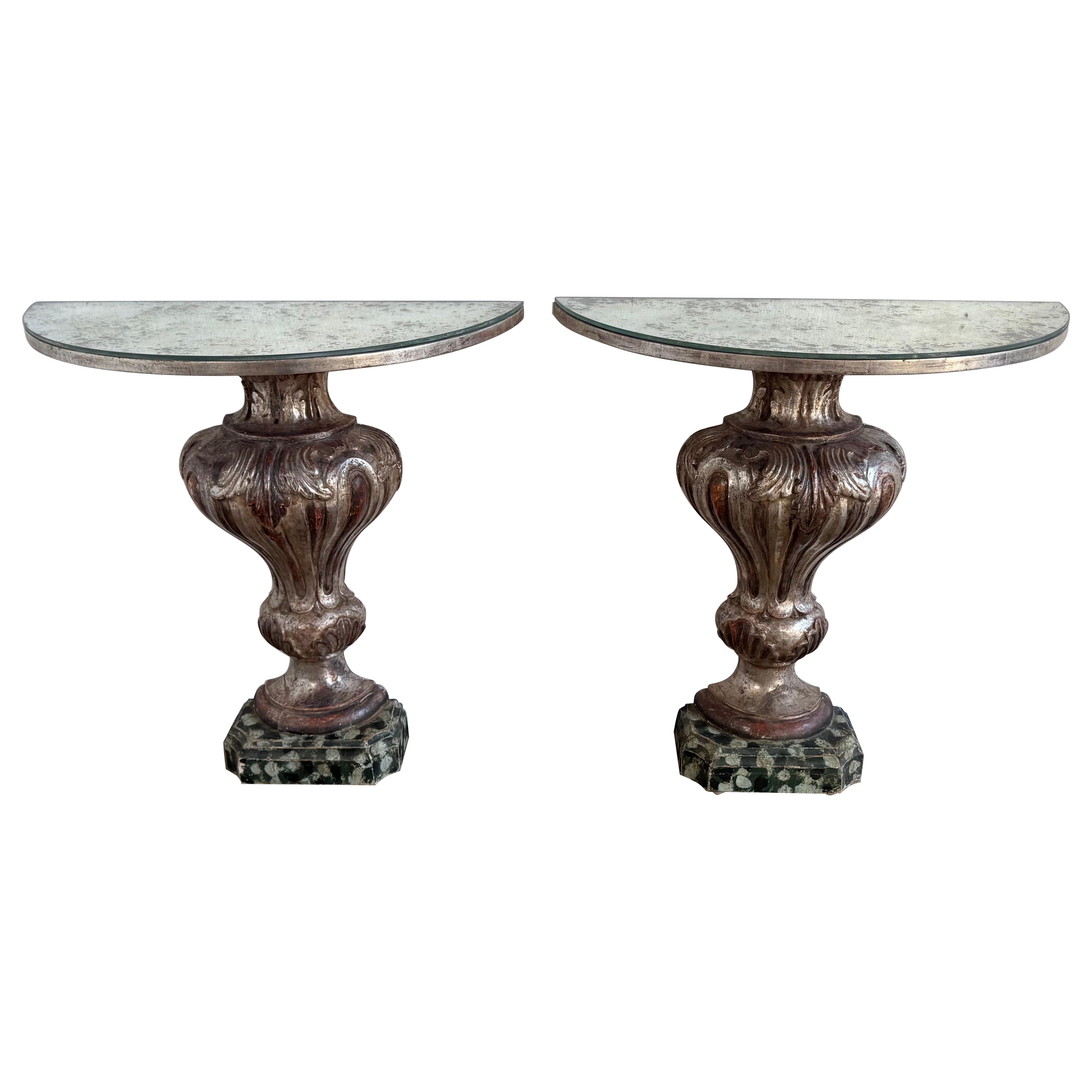 Pair of Italian Baroque Style Silver-Gilt Console Tables with Mirrored Tops For Sale